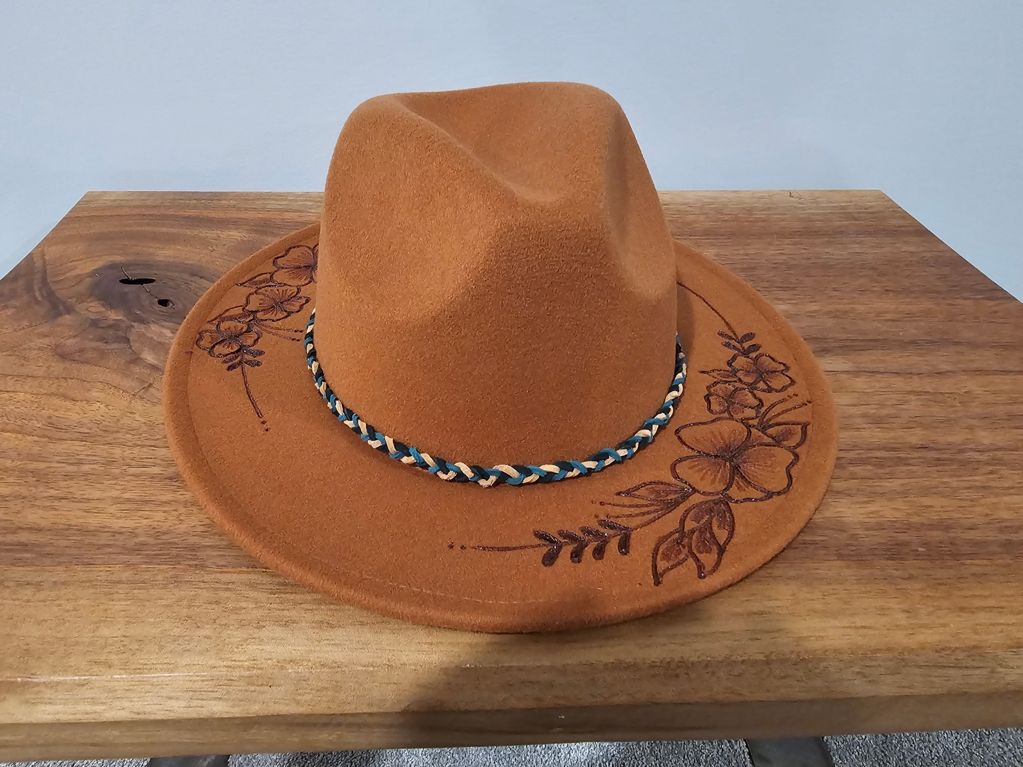 Almond Fedora with flowers and teal braid band $65