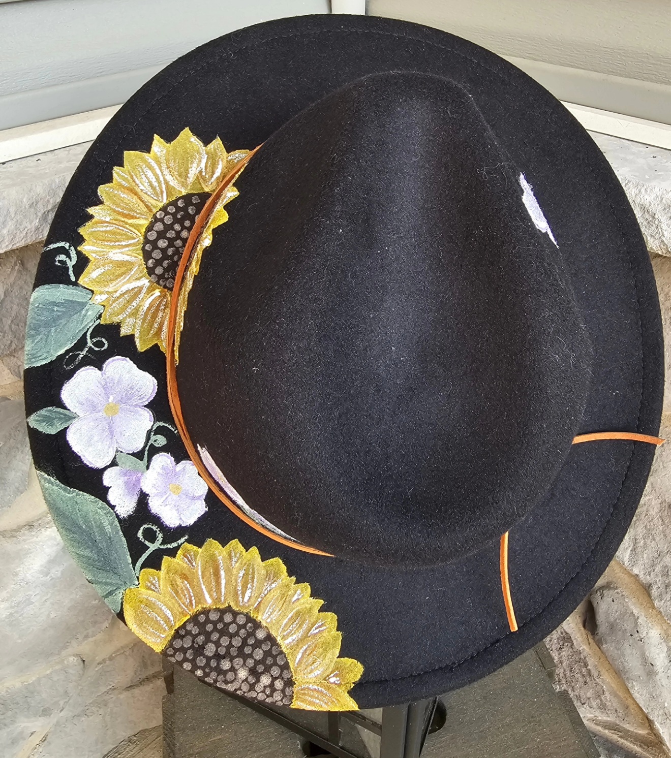Black fedora w/painted sunflowers and pansies $75
