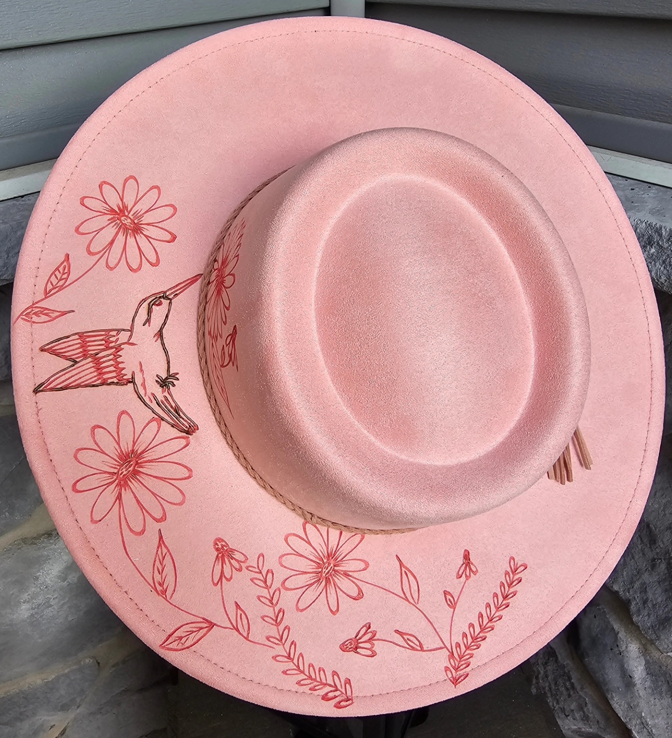 Pink Wide Brim Rancher with hummingbird and wild flowers $90