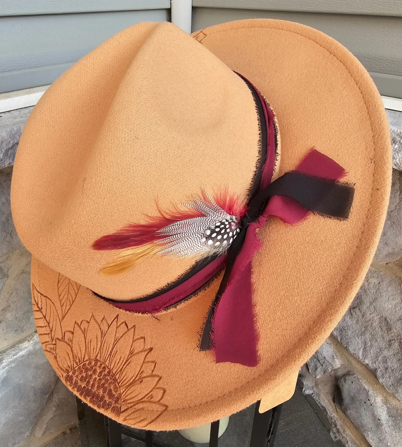Almond Fedora w/ sunflowers and wine chiffon band and feathers $85