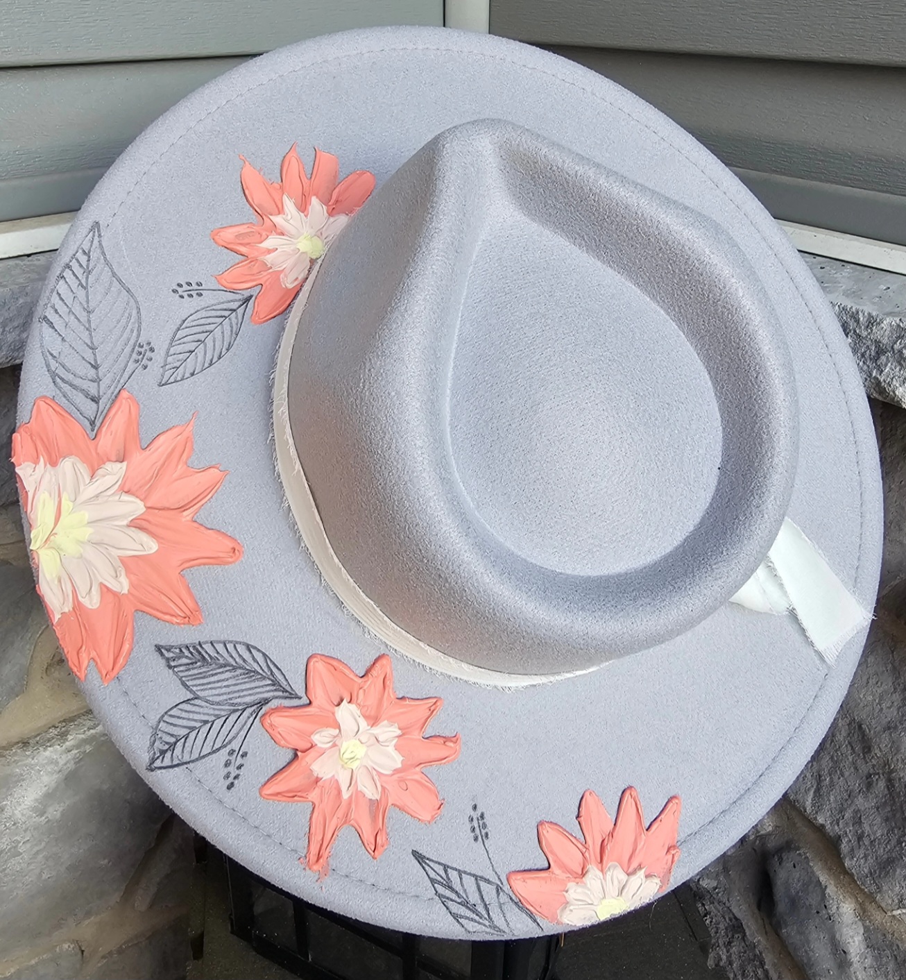 Grey Rancher hat with texture paint flowers $90