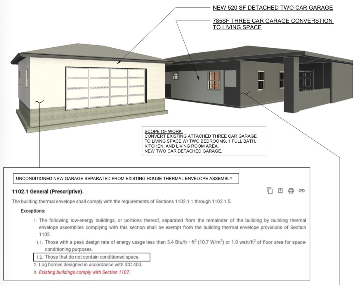 Garage conversion to living space. New detached two car garage.