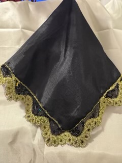 Black/Gold Egyptian Nile ScarfLovely large 17 1/2 x 18  hand crafted, hand held Black/ Gold Egyptian Nile Scarf. Available in sizes small and Large.  Colors are Navy, black, and red gold.