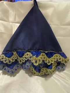 Navy/Gold Egyptian Nile Lovely 15 x 18 1/2 small hand crafted, hand held Navy/ Gold Egyptian Nile Scarf. Available in sizes small and large 17 1/2 x 18.  Colors are Navy, black, and red gold.