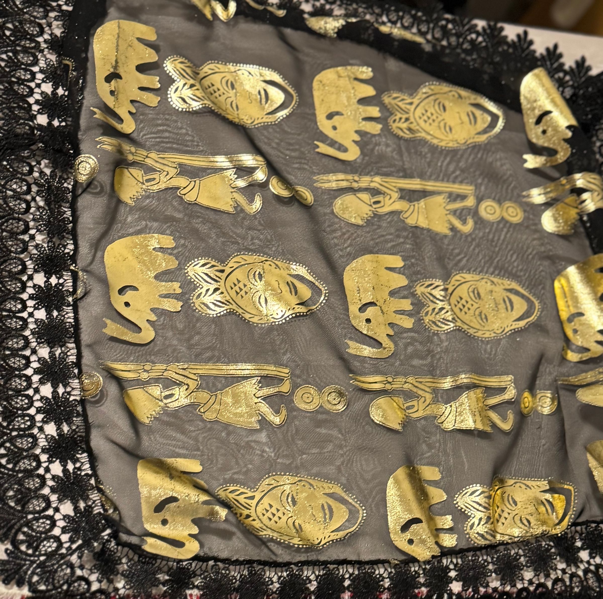 Black/ Gold Metallic Foil Tribal Chiffon 