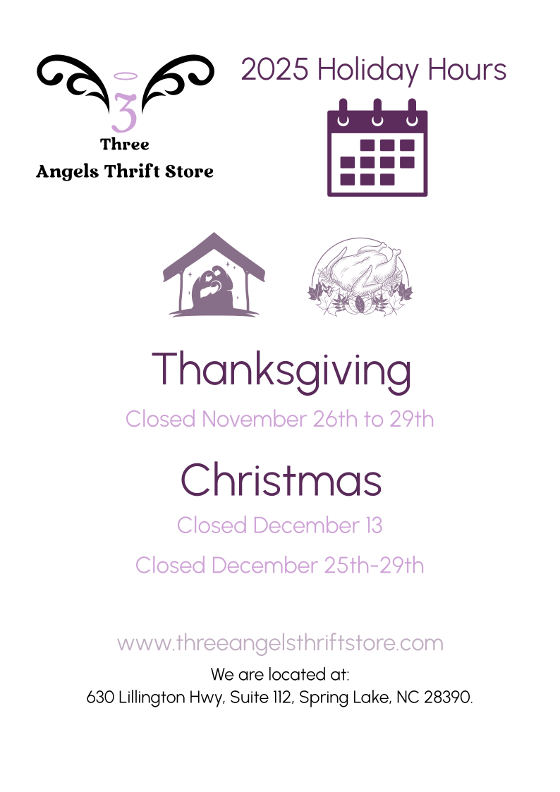 Three Angels Thrift Store Holiday Announcements