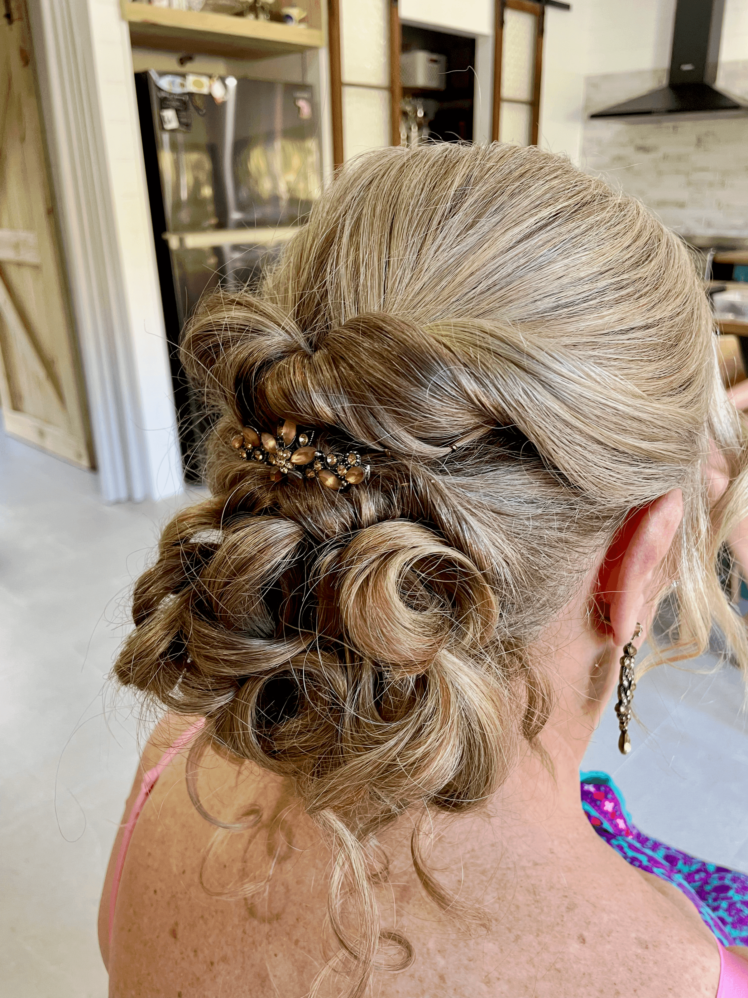 wedding, anniversary, blonde hair, upstyle, updo, 60yr old