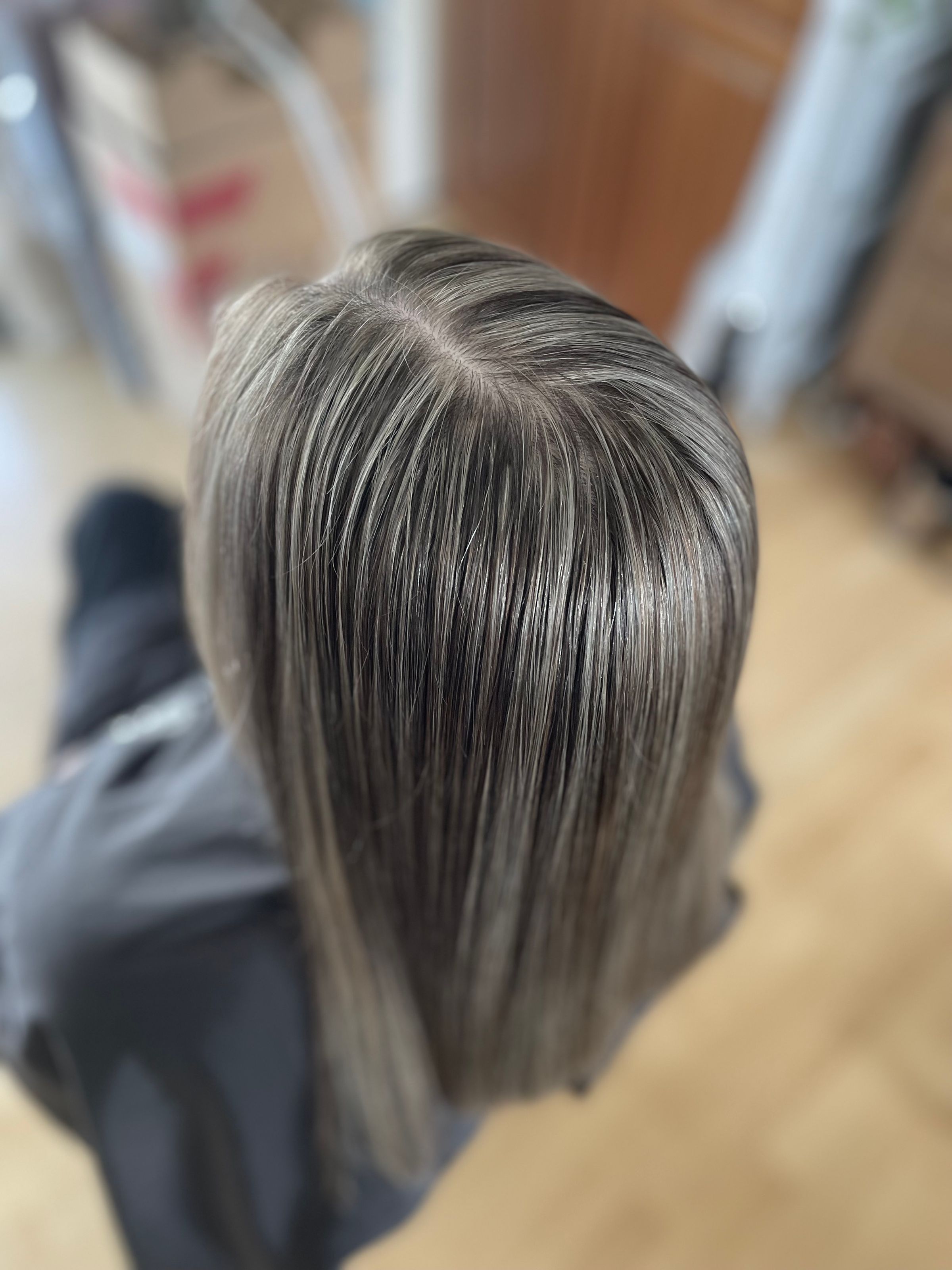 foils in grey hair, medium hair, cut, straightened hair, GHD, hair straightener, blow dry finish, Hervey Bay, Hervey Bay hairdresser