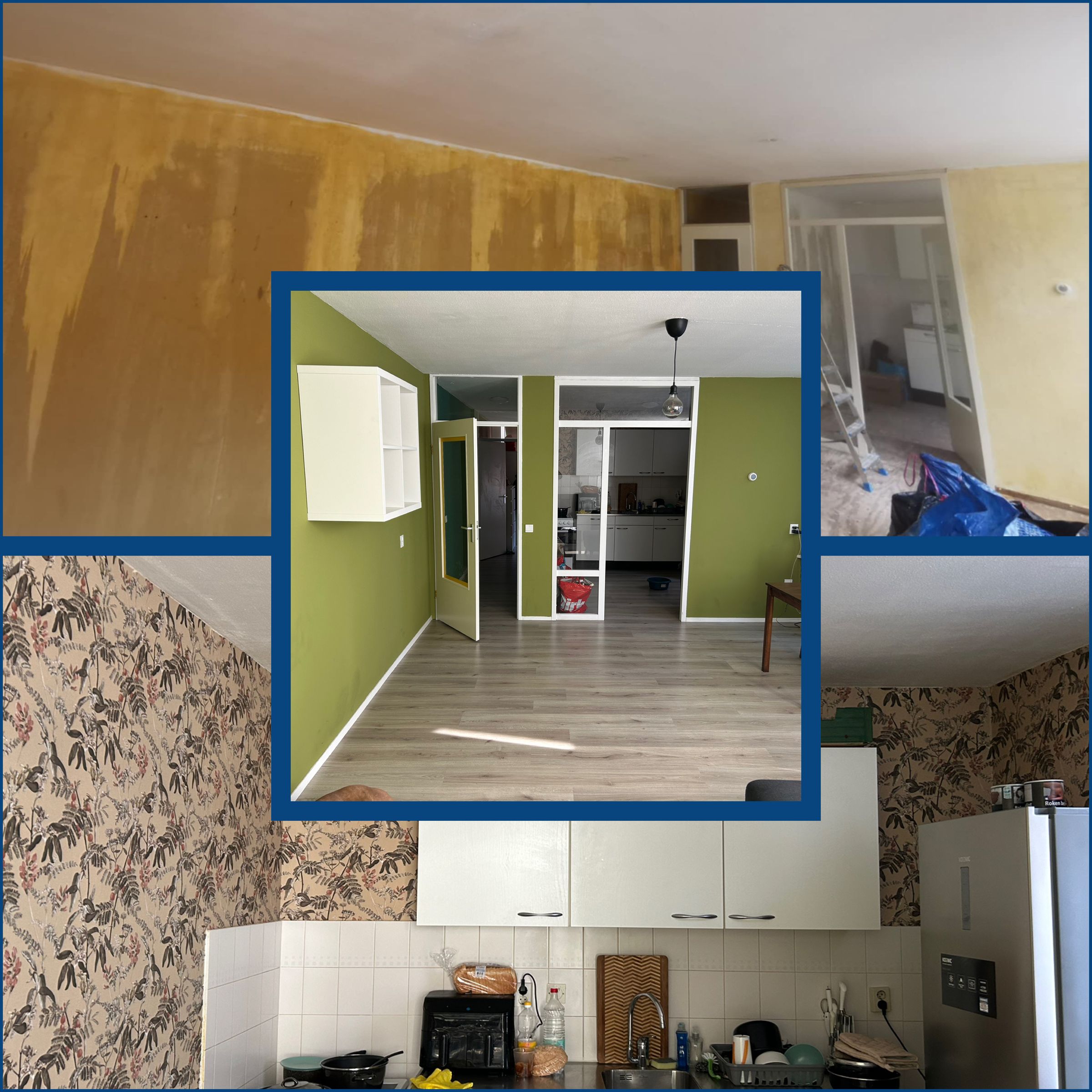 General renovation of the living room, kitchen and hallway, we started by removing the old floor plinths, cleaning the walls from old wallpaper, priming the surfaces, plastering the hallway and living room, wallpapering the kitchen to the pattern, painting the walls of the frames and renovating the old poincie, laying floor panels, installing the skirting board