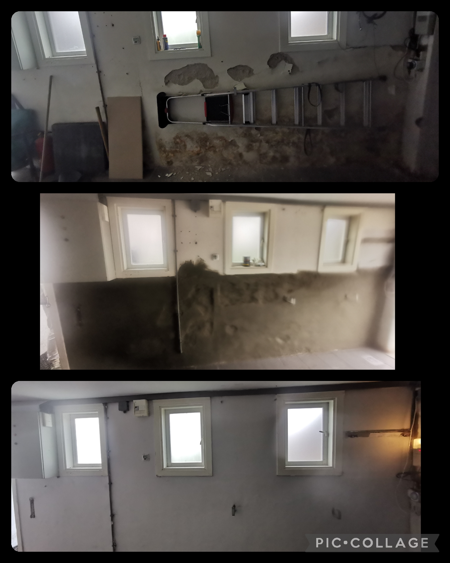 Removal of old, scalded plaster in the garage, including impregnation and reinforcement of the wall, plastering
