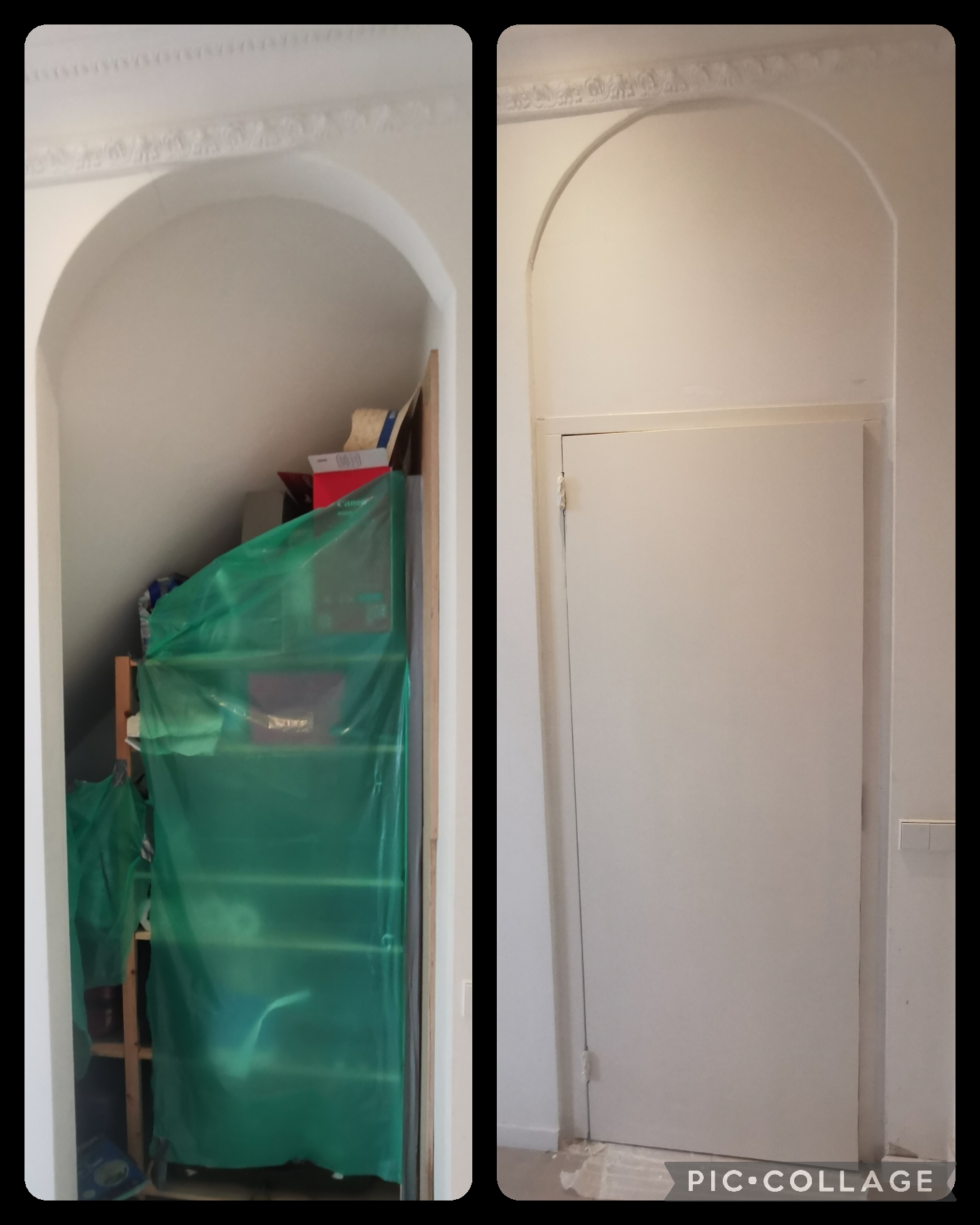 Specially for the customer's order, reconstruction of the frame 270cm to 210cm together with the assembly of the frame and door with full finishing, namely the development of the empty space above the door, plastering and painting