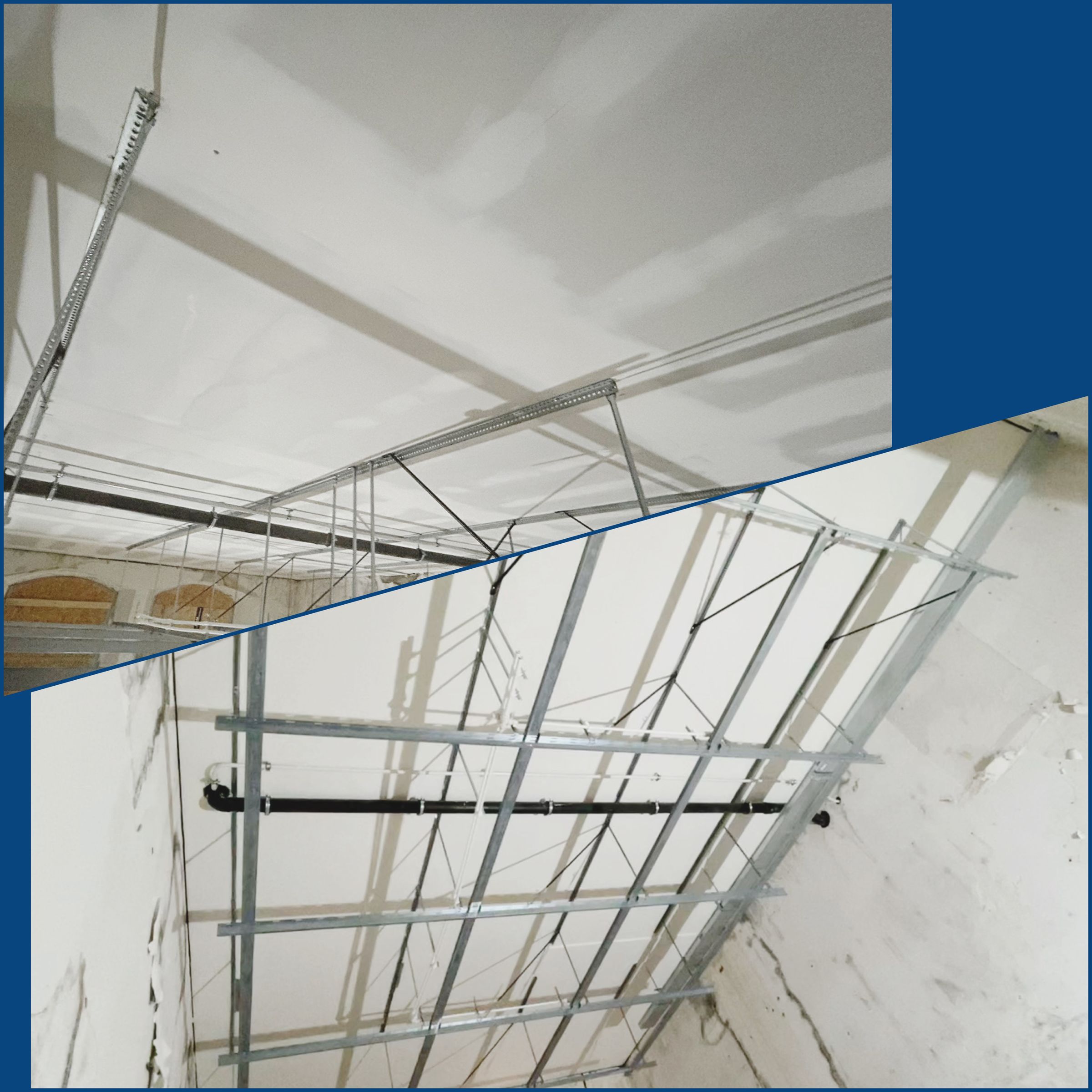 Extreme painting of the ceiling between the structure for the suspended decorative ceiling