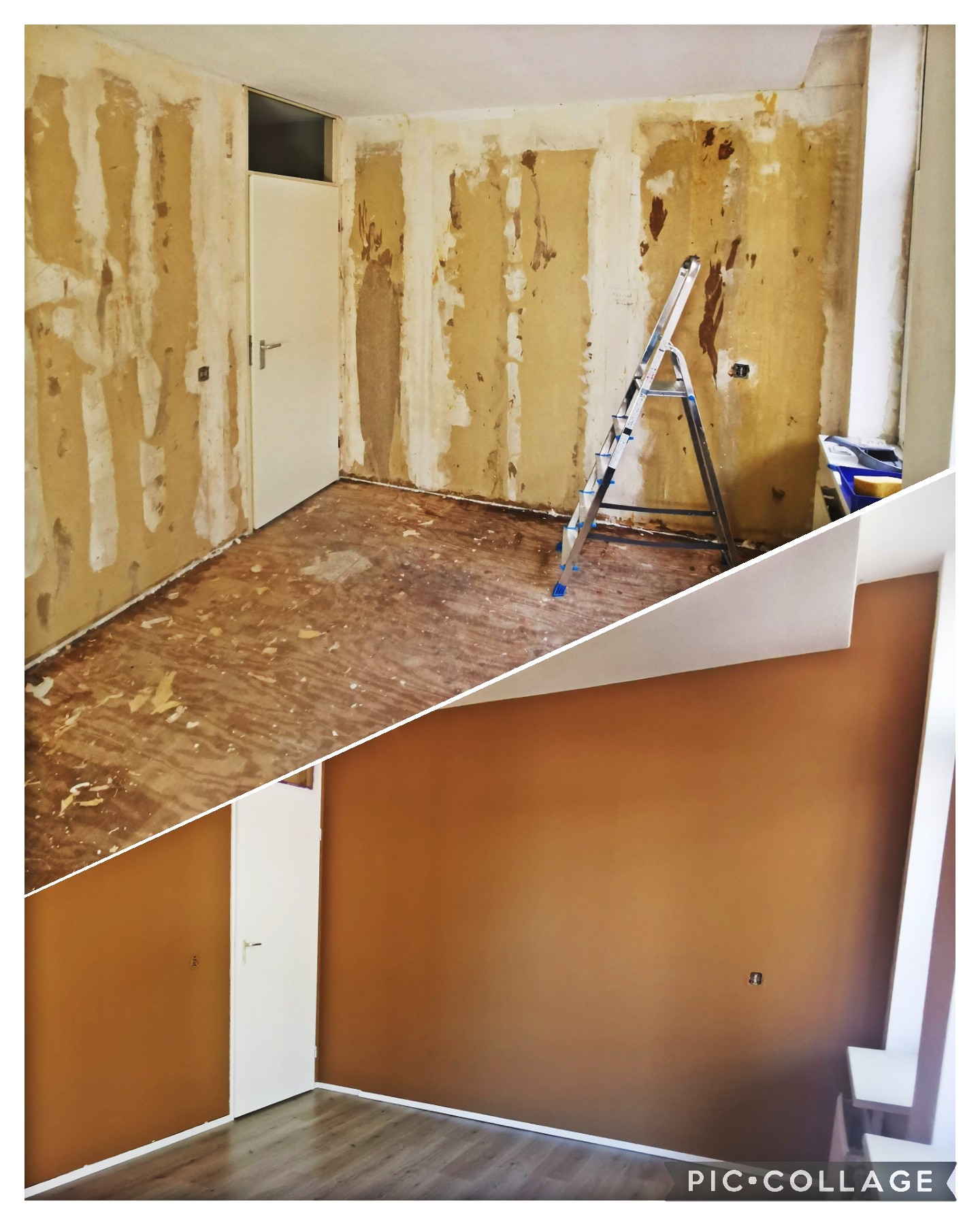 General renovation of the bedroom. removing the floor plinth, removing old wallpaper, wallpapering milling cutters for painting, polishing the window wall, painting the entire room brown, window wall white, refreshing the door frame and door white, laying floor panels plus installing the floor plinth