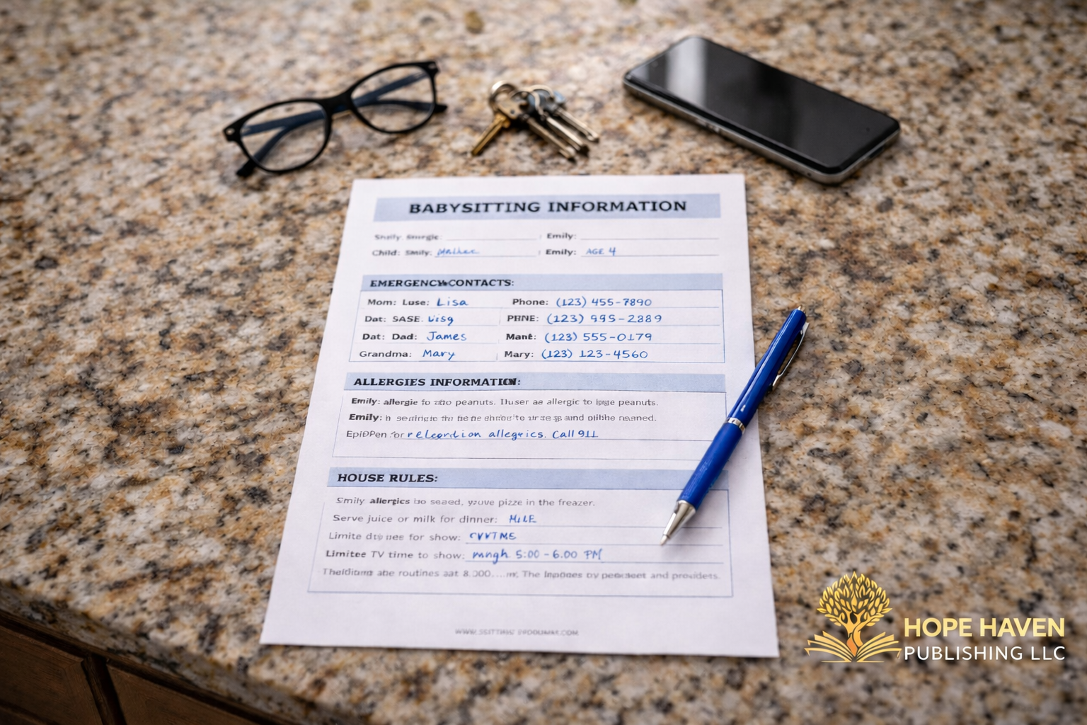 Babysitting information sheet filled out with child care details on a kitchen counter