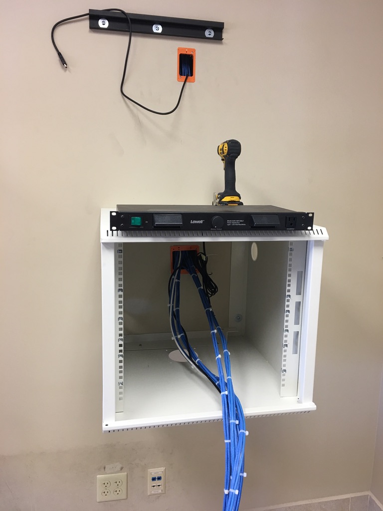 Wall Rack / TV Mount and control cable / Cat5e drops for Security System