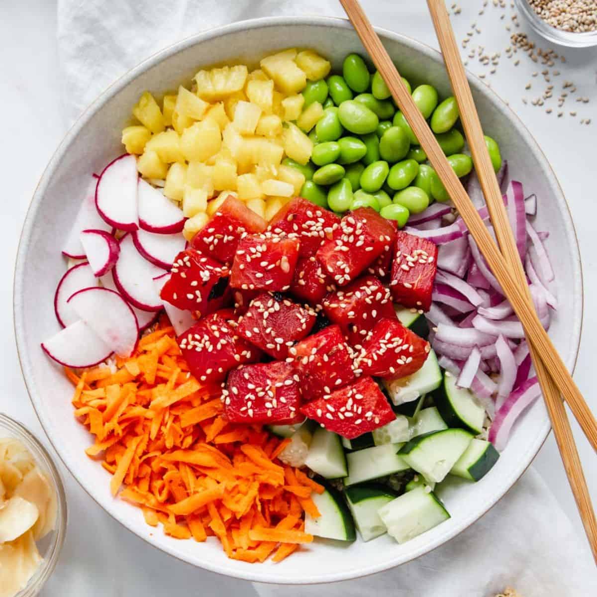 Over the course of 48hrs, we coax and convince Watermelon to behave and taste like Tuna.  Bowl : $15 By the pound: $40