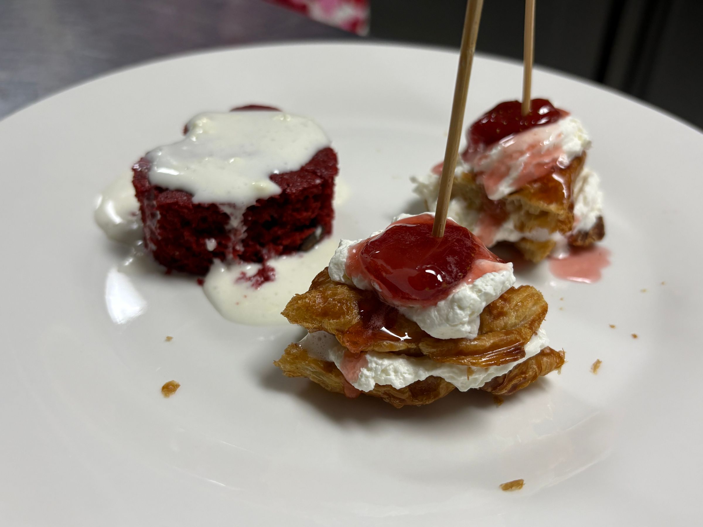 Red Velvet Muffin Top with Whipped Drizzle, Croffle with Fresh Whip and Strawberries