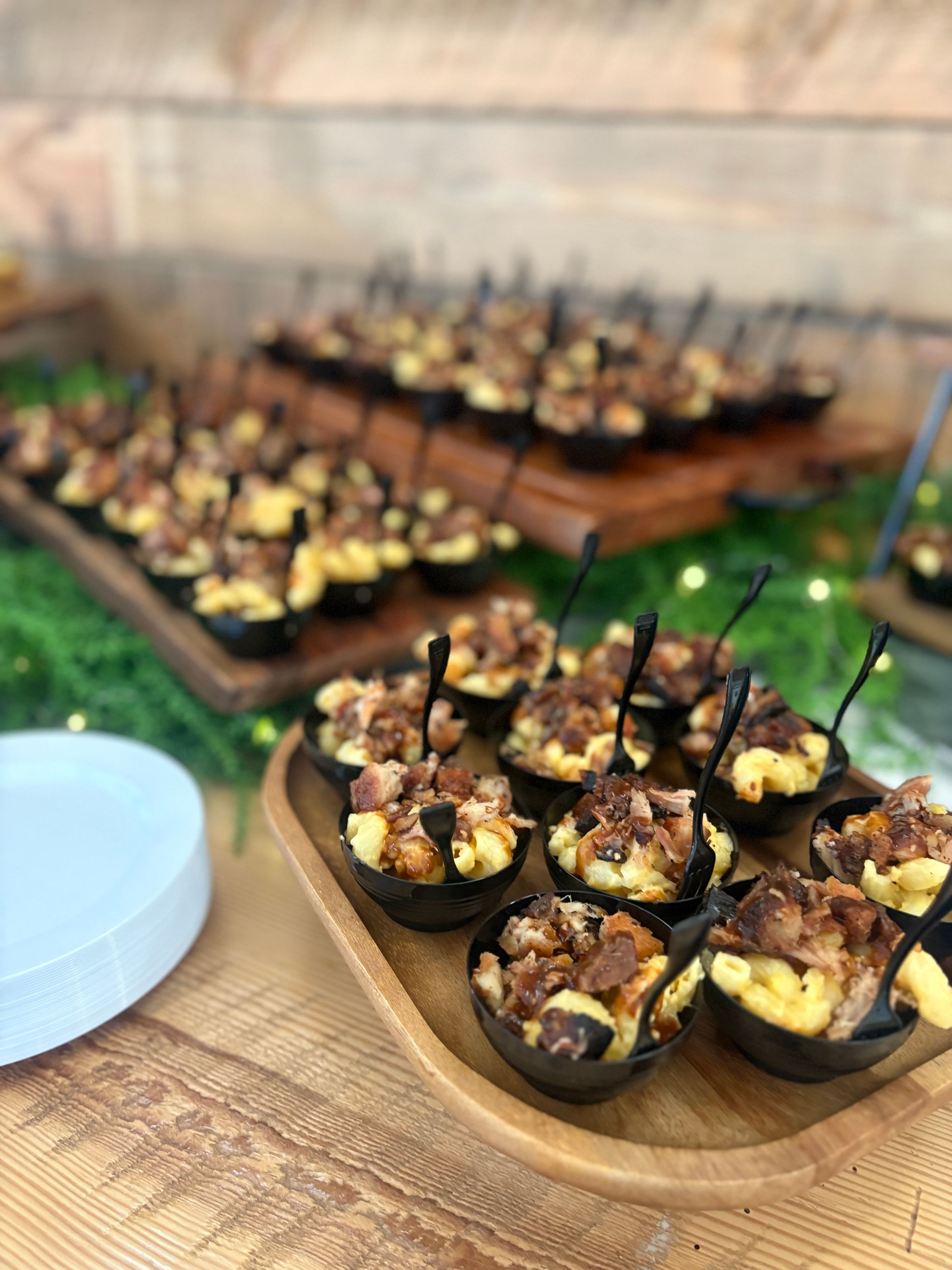 Mini Hot Honey Chicken Biscuits & Mac n Cheese Cups with Crispy Pork Belly and BBQ Drizzle