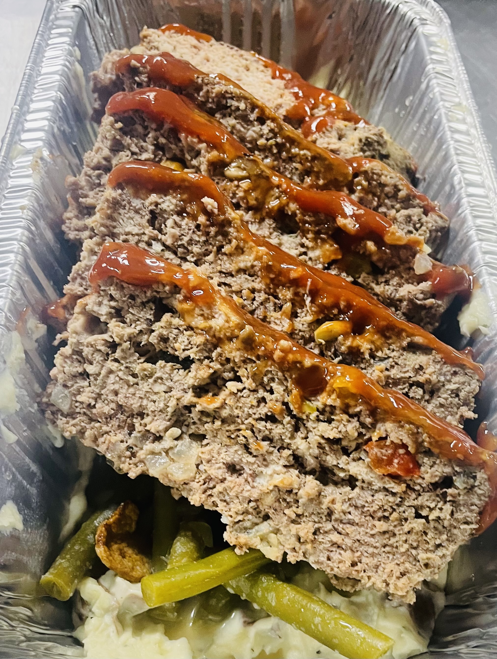 Traditional Meatloaf, with Redskin Mash, and Fresh Cut Green Beans