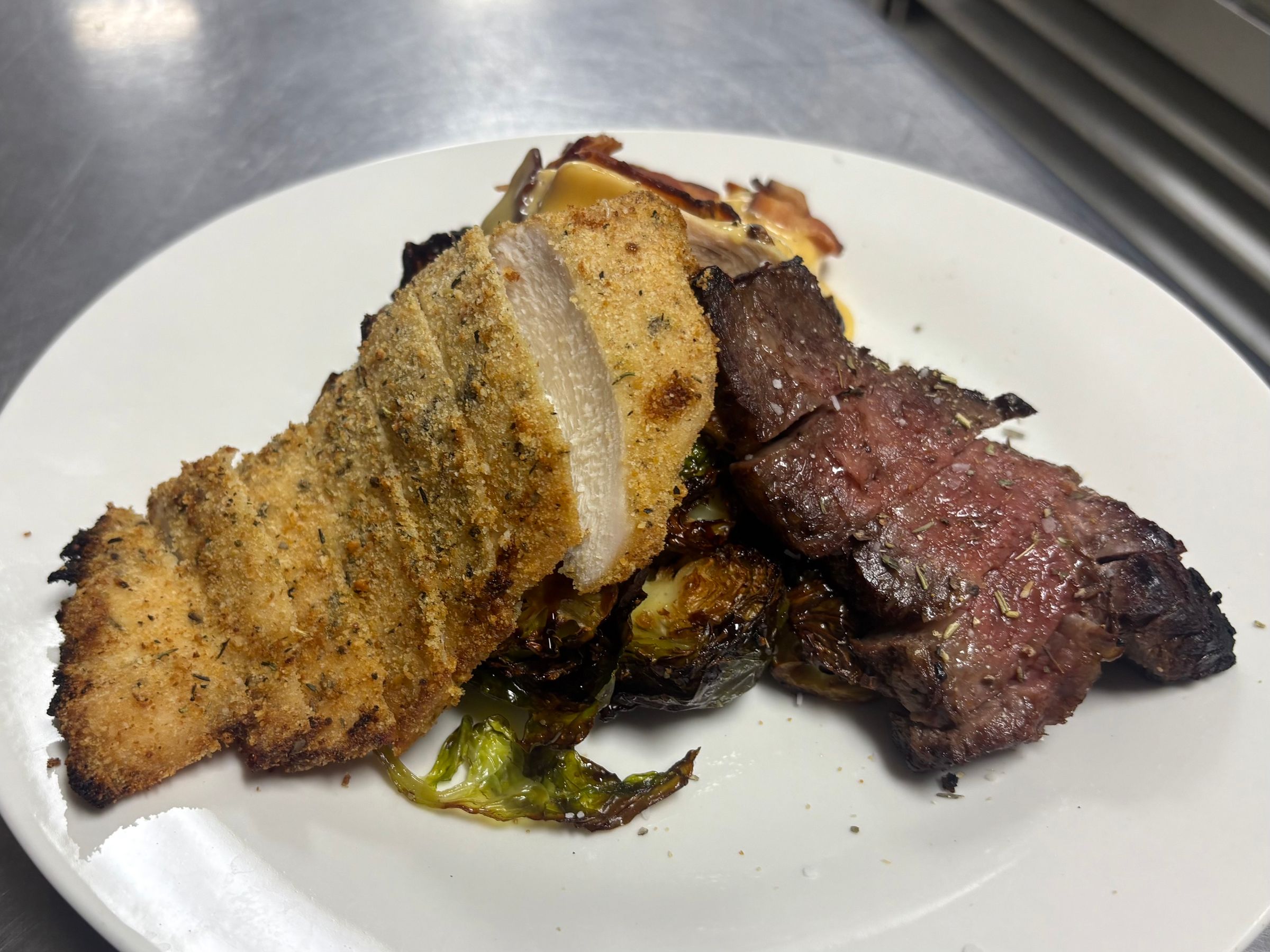 Parmesan Crusted Chicken, Gouda Bacon Chicken, Garlic & Herb Striploin, & Chili Balsamic Brussel Sprouts