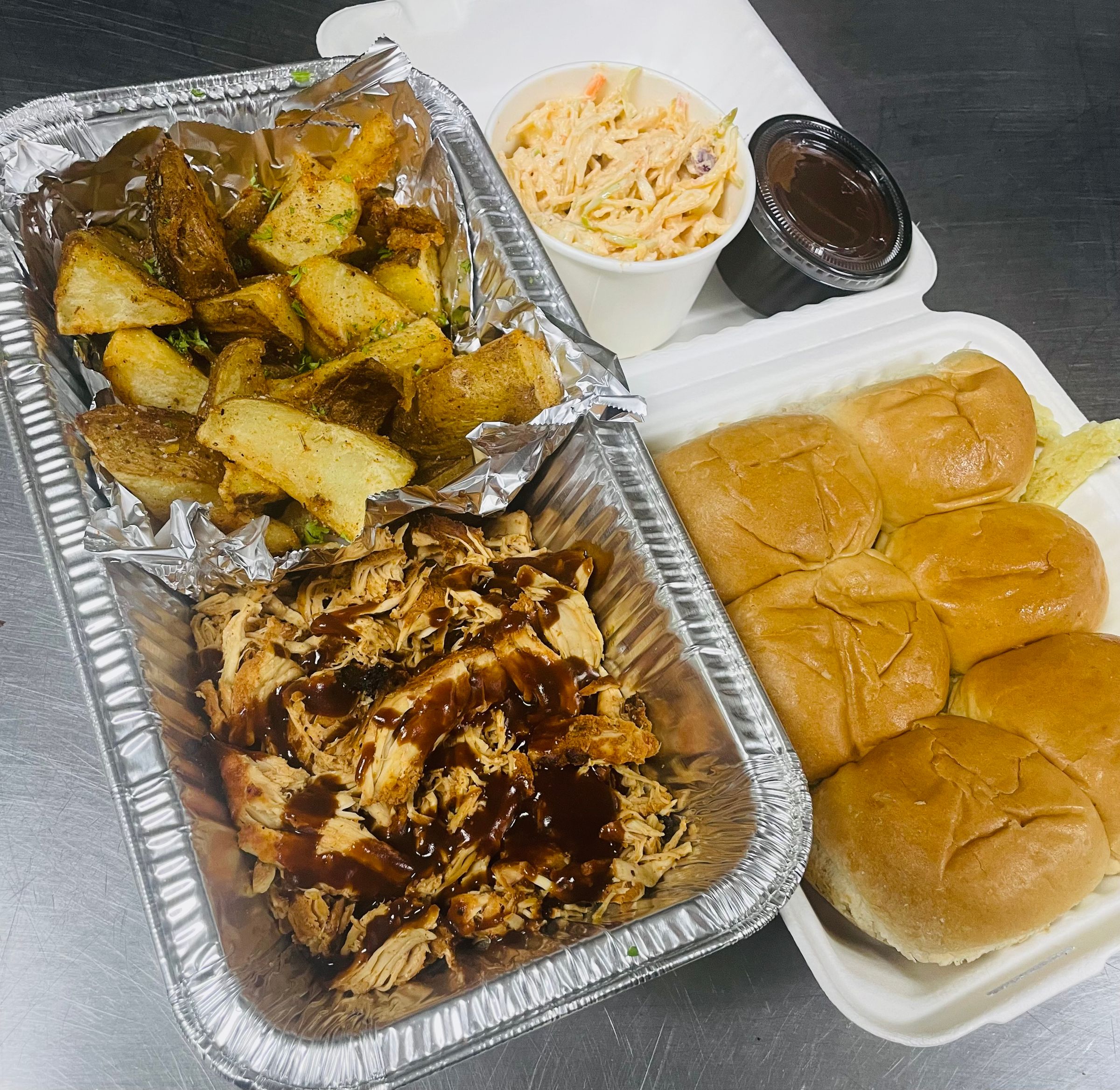 BBQ Chicken Sliders, Potato Wedges, and Pineapple Slaw