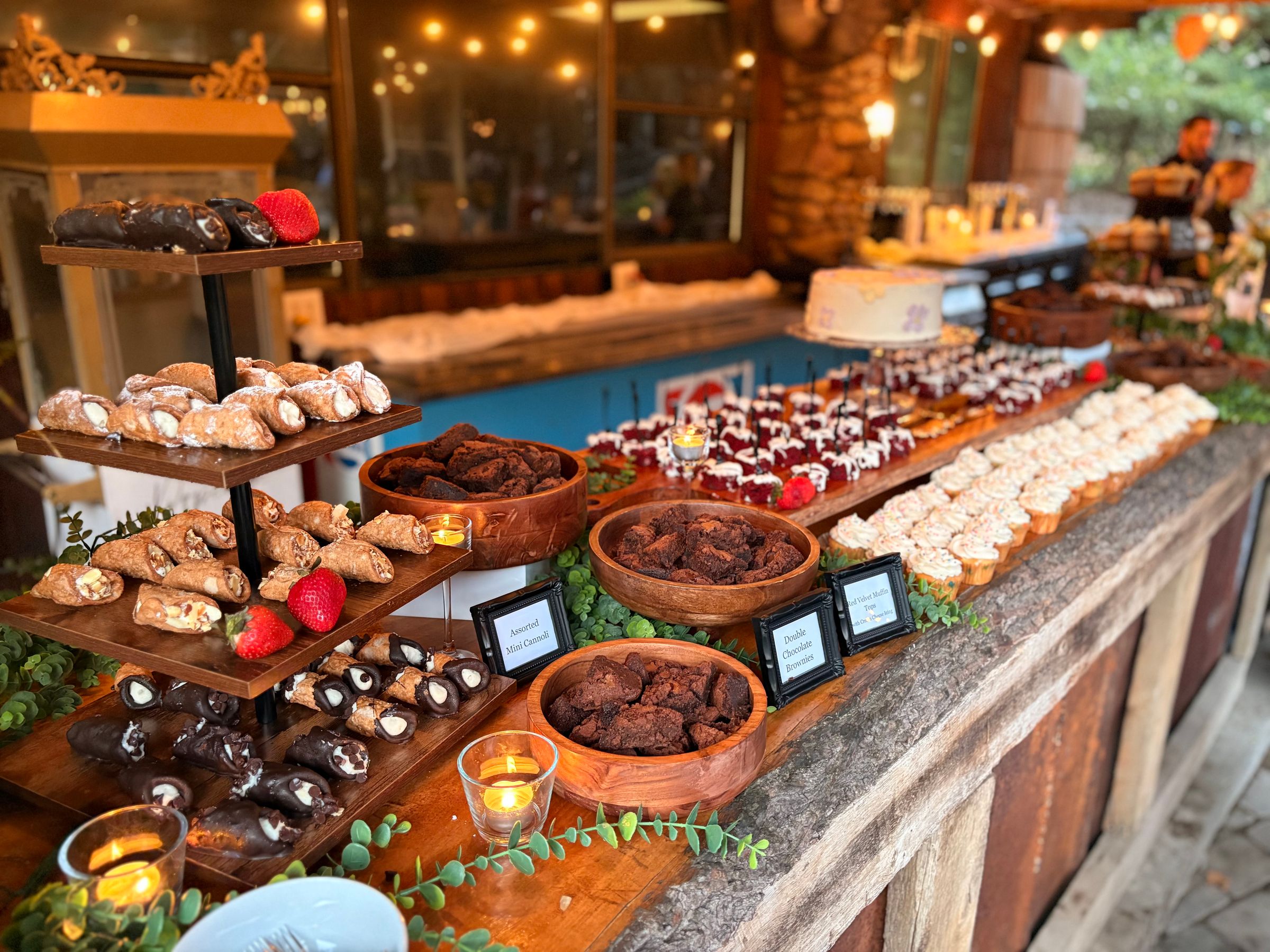 Assorted Cannoli, Double Chocolate Brownies, Red Velvet Muffin Tops with House Made Cream Cheese Icing