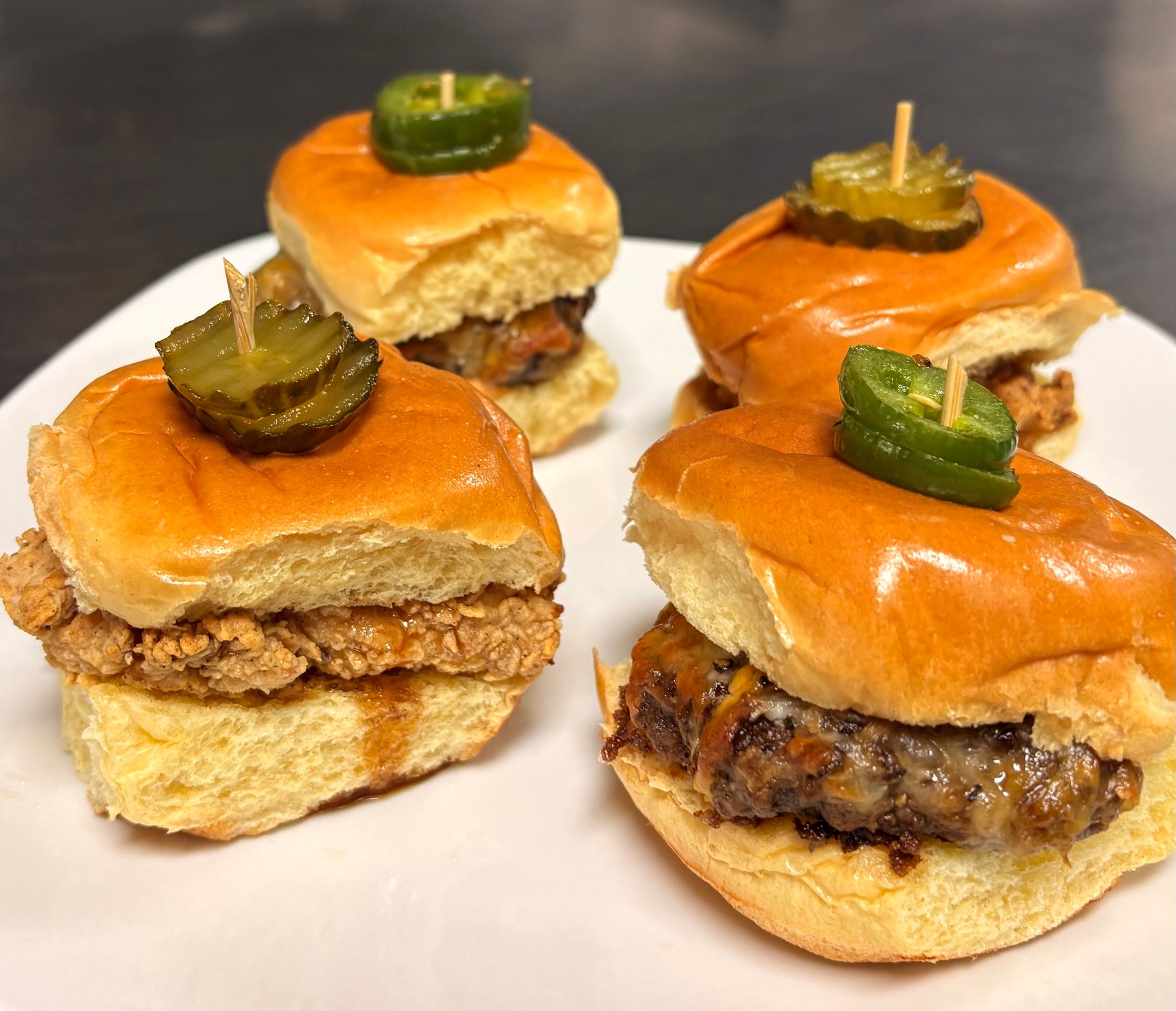 Hot Honey Chicken Sandwiches and Cheeseburger Sliders