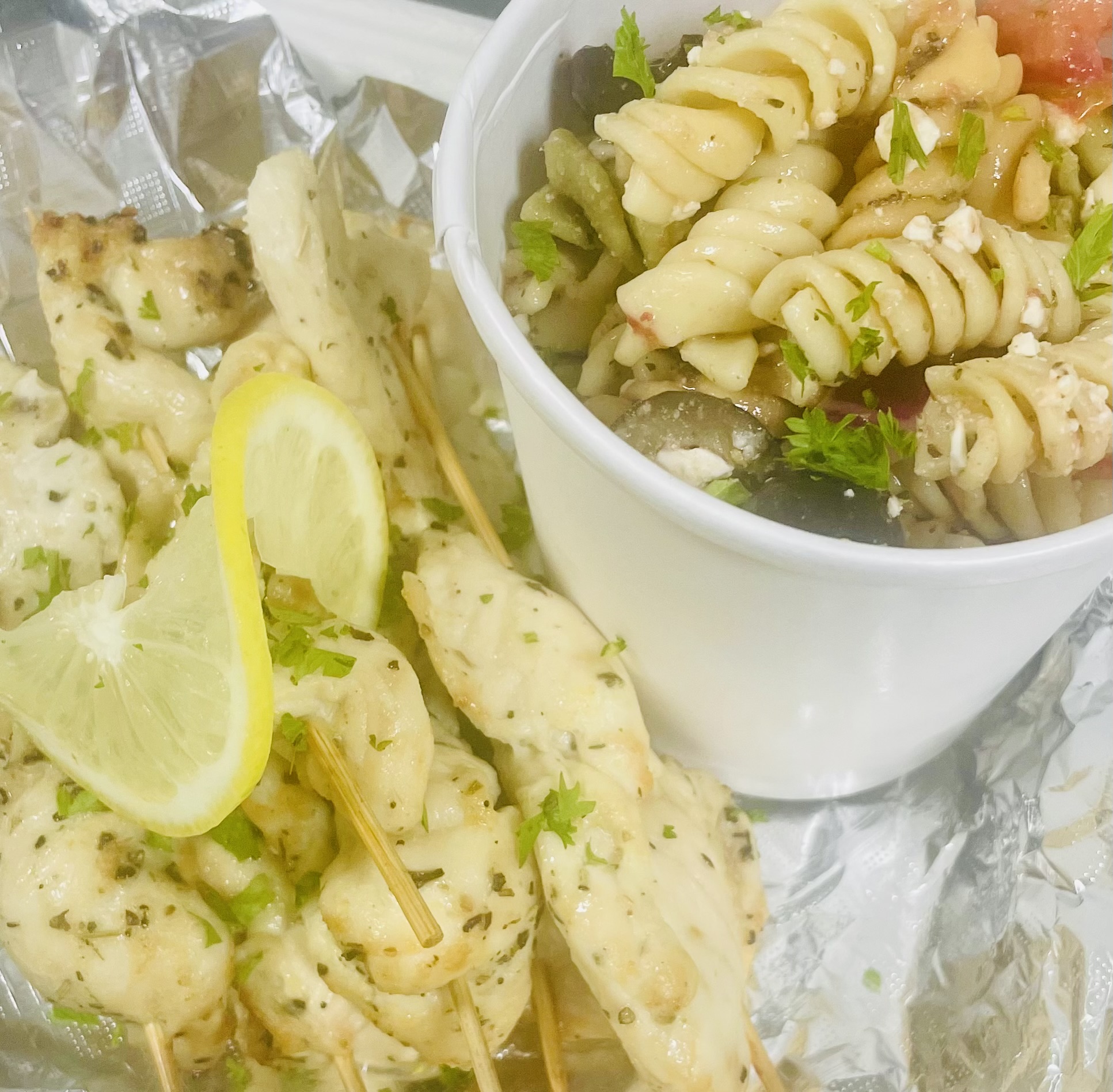Greek Chicken Skewers with Pasta Salad