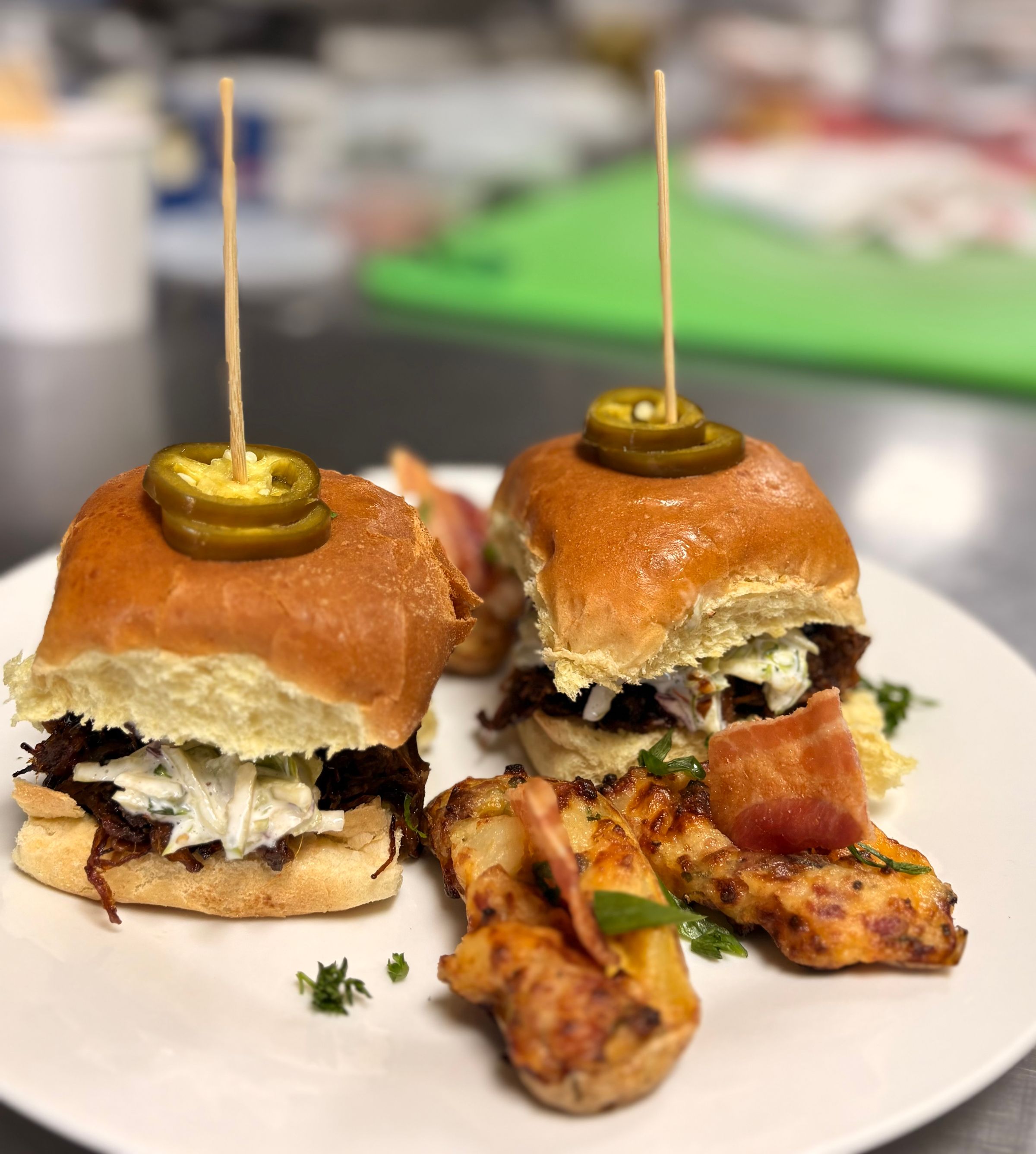 BBQ Beef Slider with Broccoli Slaw, Pickled Jalapeno, Twice Baked Fingerling Potato