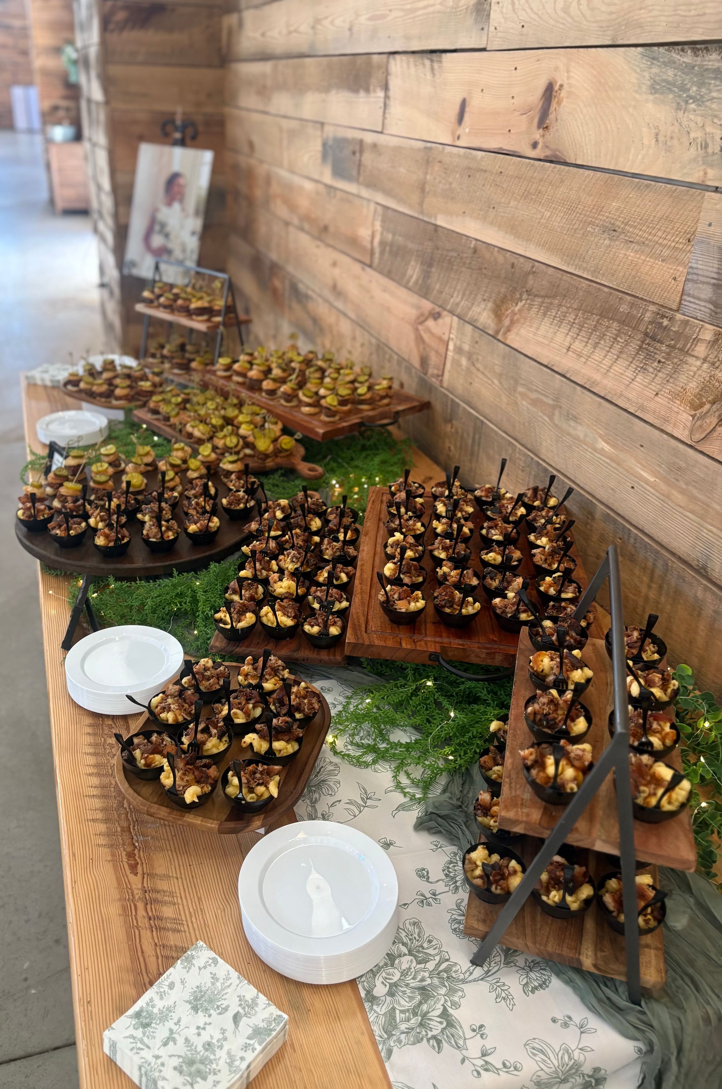 Mini Hot Honey Chicken Biscuits & Mac n Cheese Cups with Crispy Pork Belly and BBQ Drizzle