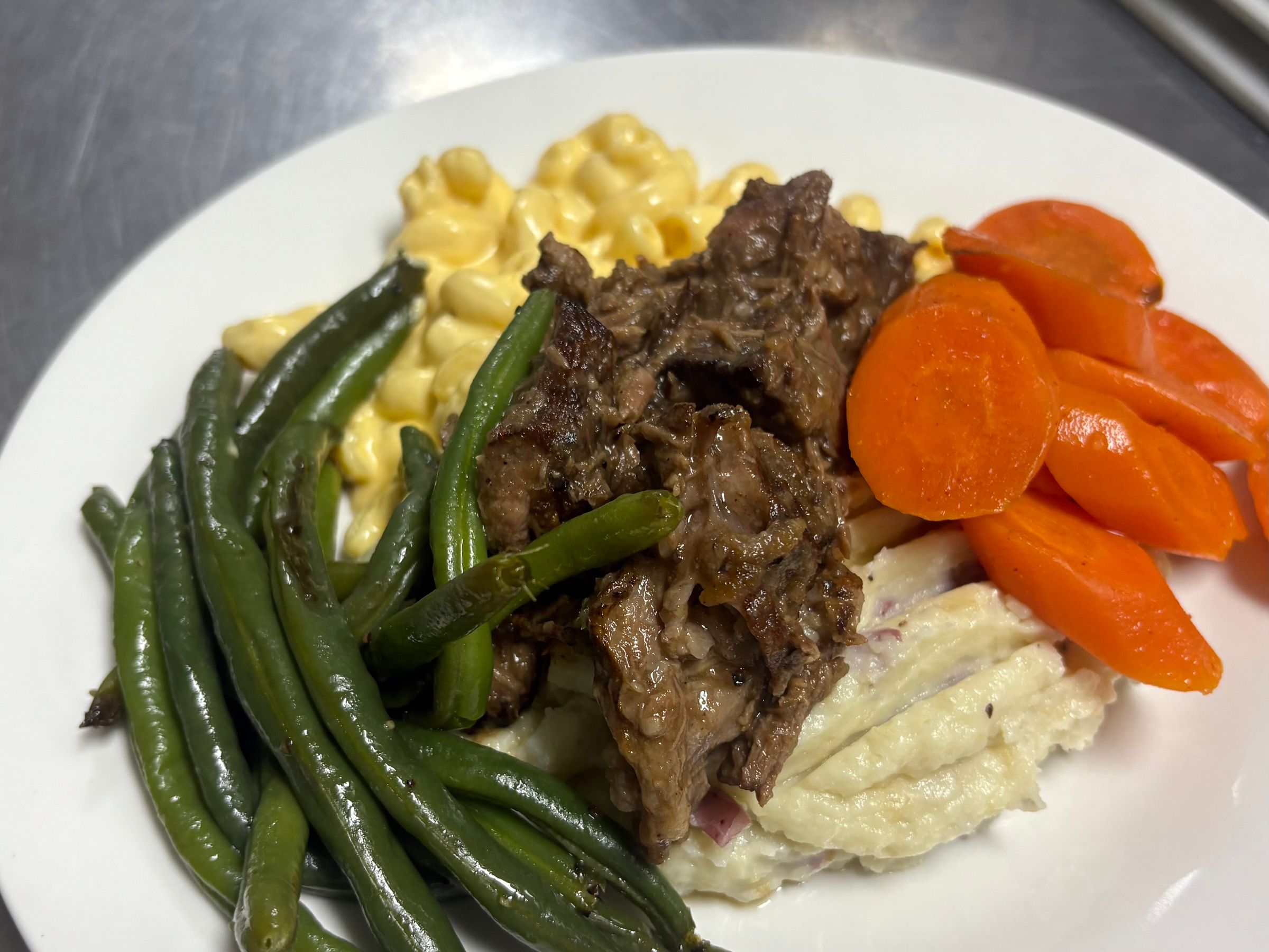 Chuck Roast, Redskin Mash, Roasted Sweet Carrots, & Three Cheese Mac