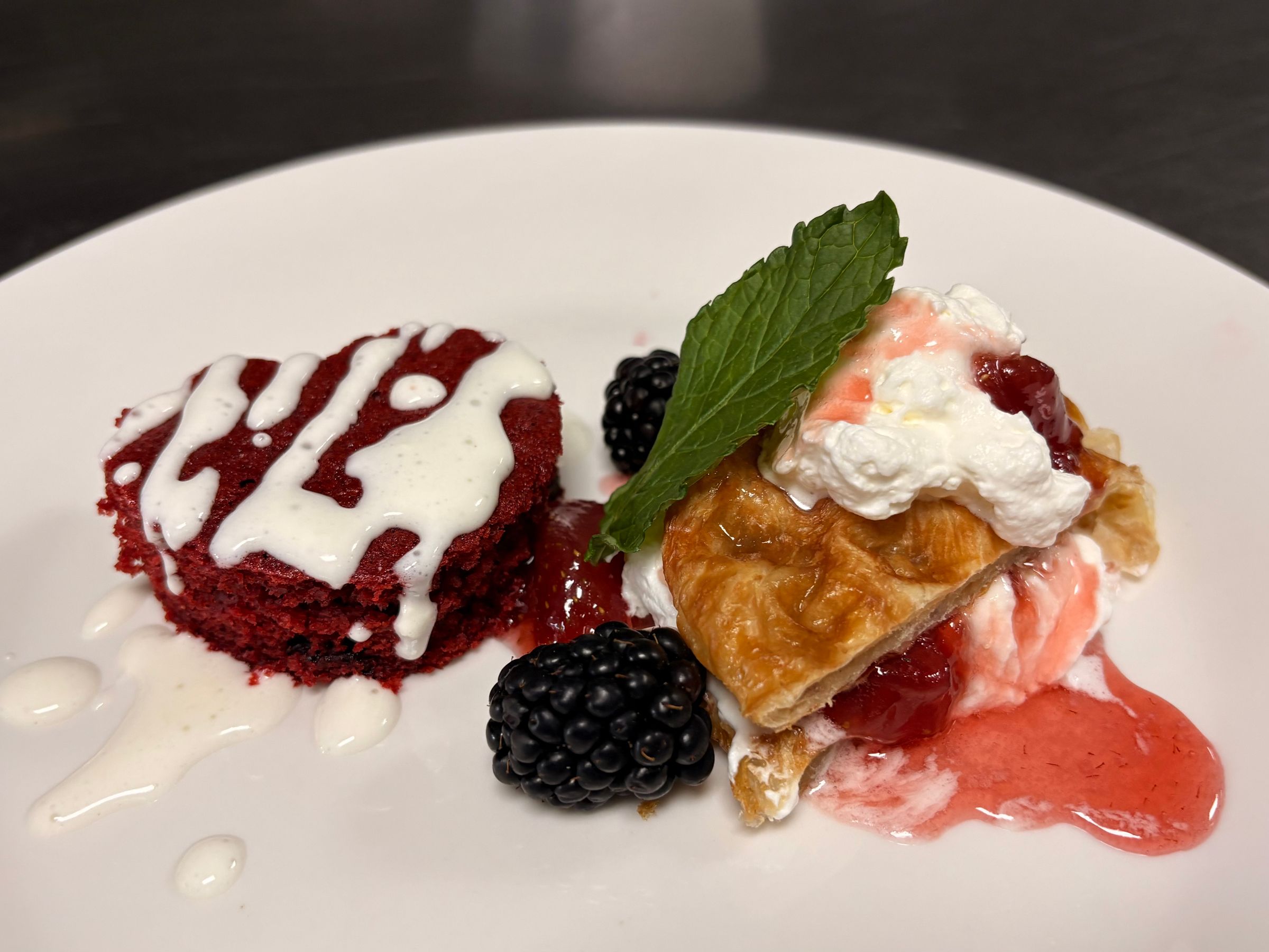 Red Velvet Muffin Top with Whipped Drizzle, Croffle with Fresh Whip and Strawberries