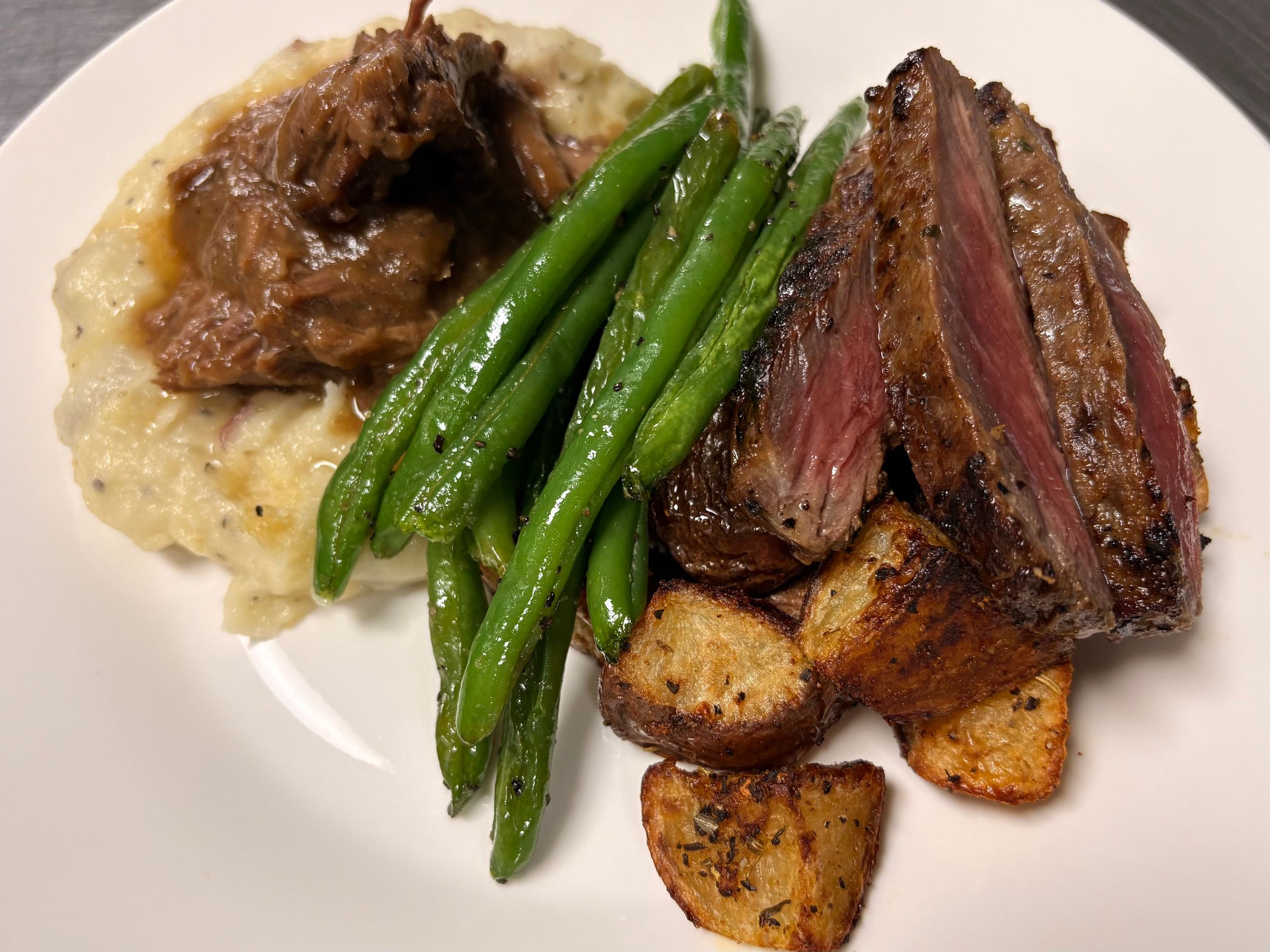 Redskin Mash with Chuck Roast, Fresh Green Beans, Roasted Redskin Potatoes and Garlic and Herb Striploin