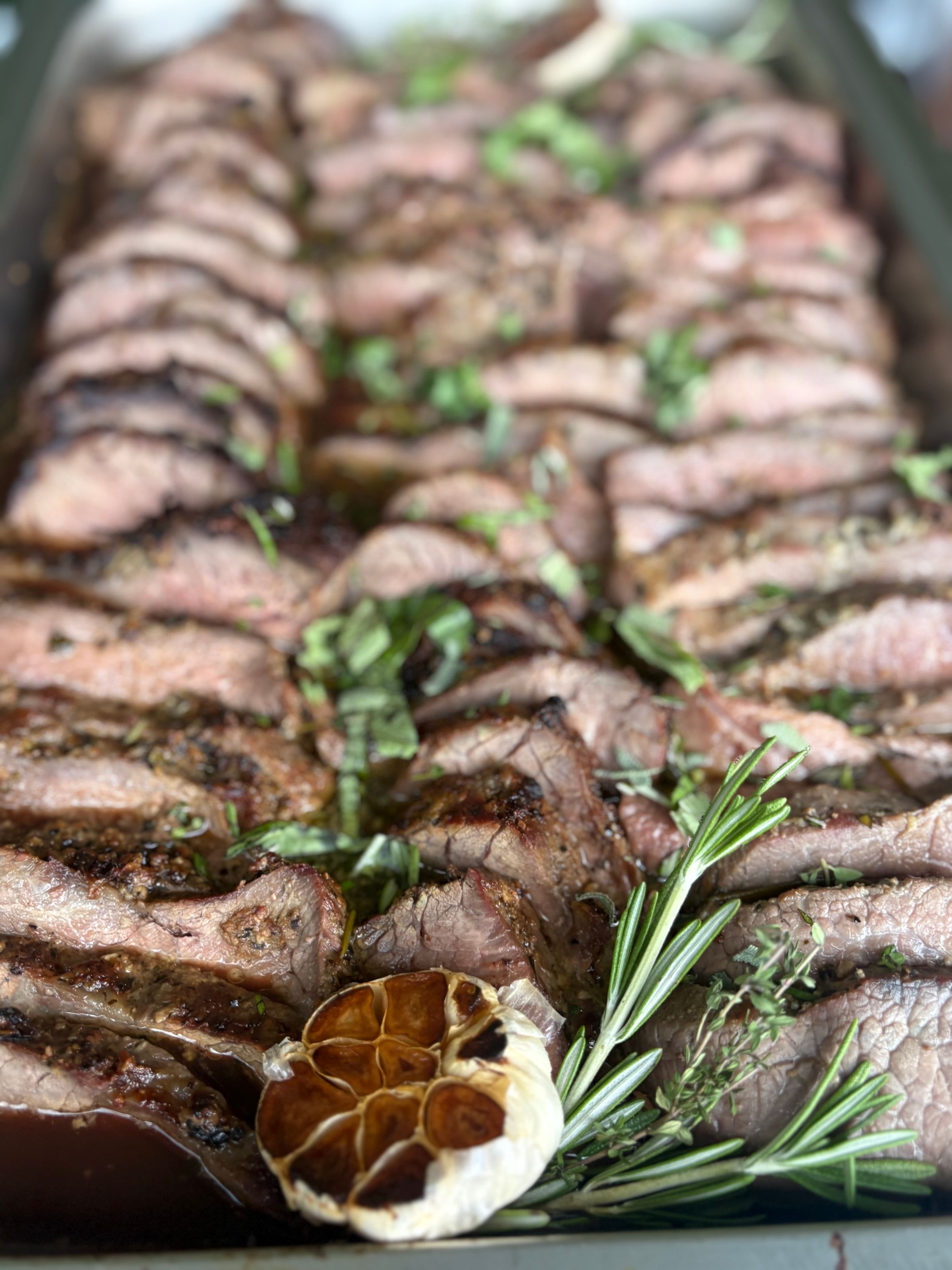 Roasted Garlic & Herb Striploin with Au Jus and House made Horseradish Cream