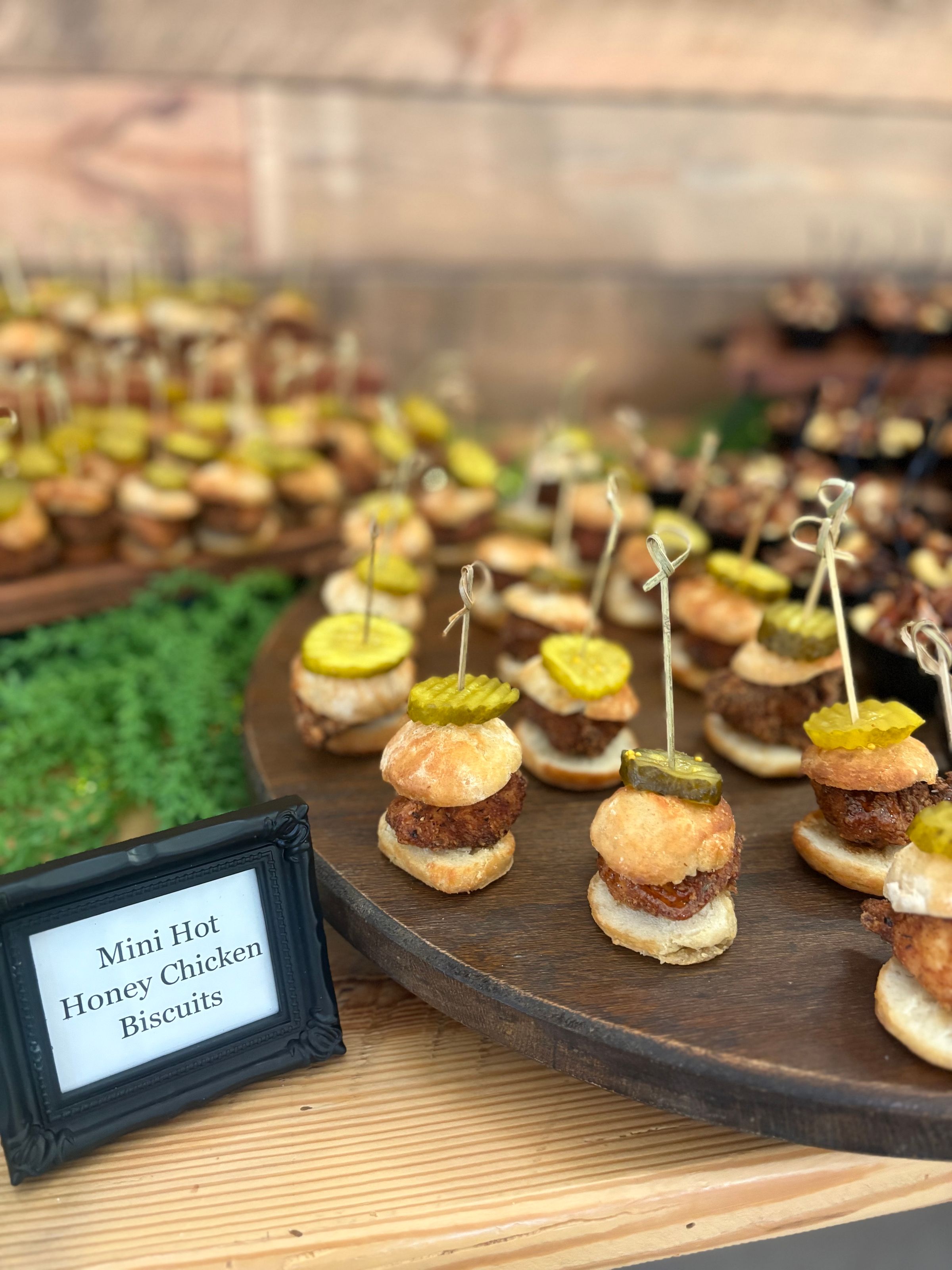Mini Hot Honey Chicken Biscuits & Mac n Cheese Cups with Crispy Pork Belly and BBQ Drizzle