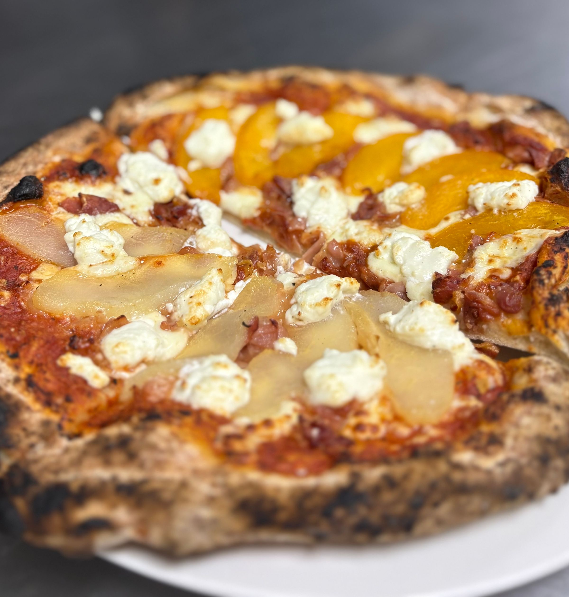 Half Pear, Prosciutto, & Goat Cheese and Peach, Prosciutto, & Goat Cheese