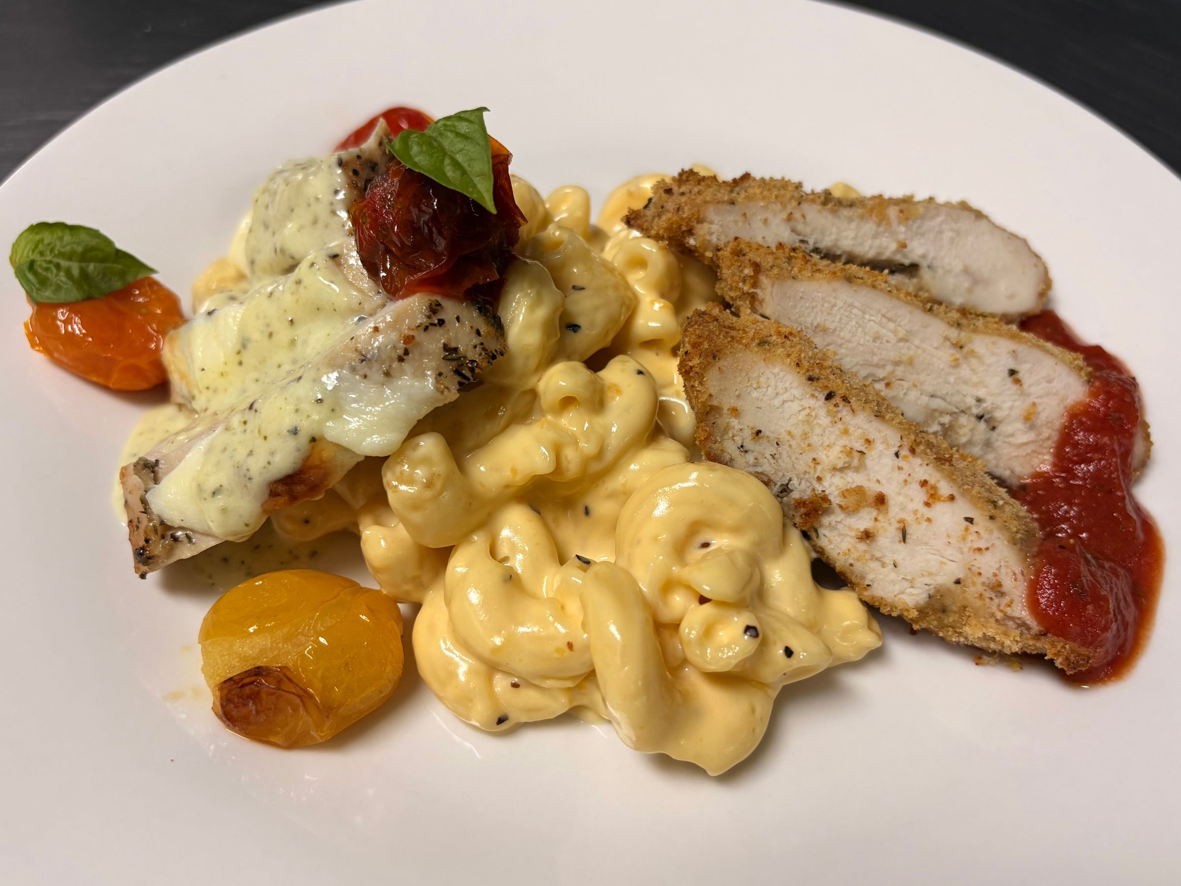 Parmesan Crusted Chicken, Caprese Chicken with Pesto Cream Sauce, Three Cheese Mac