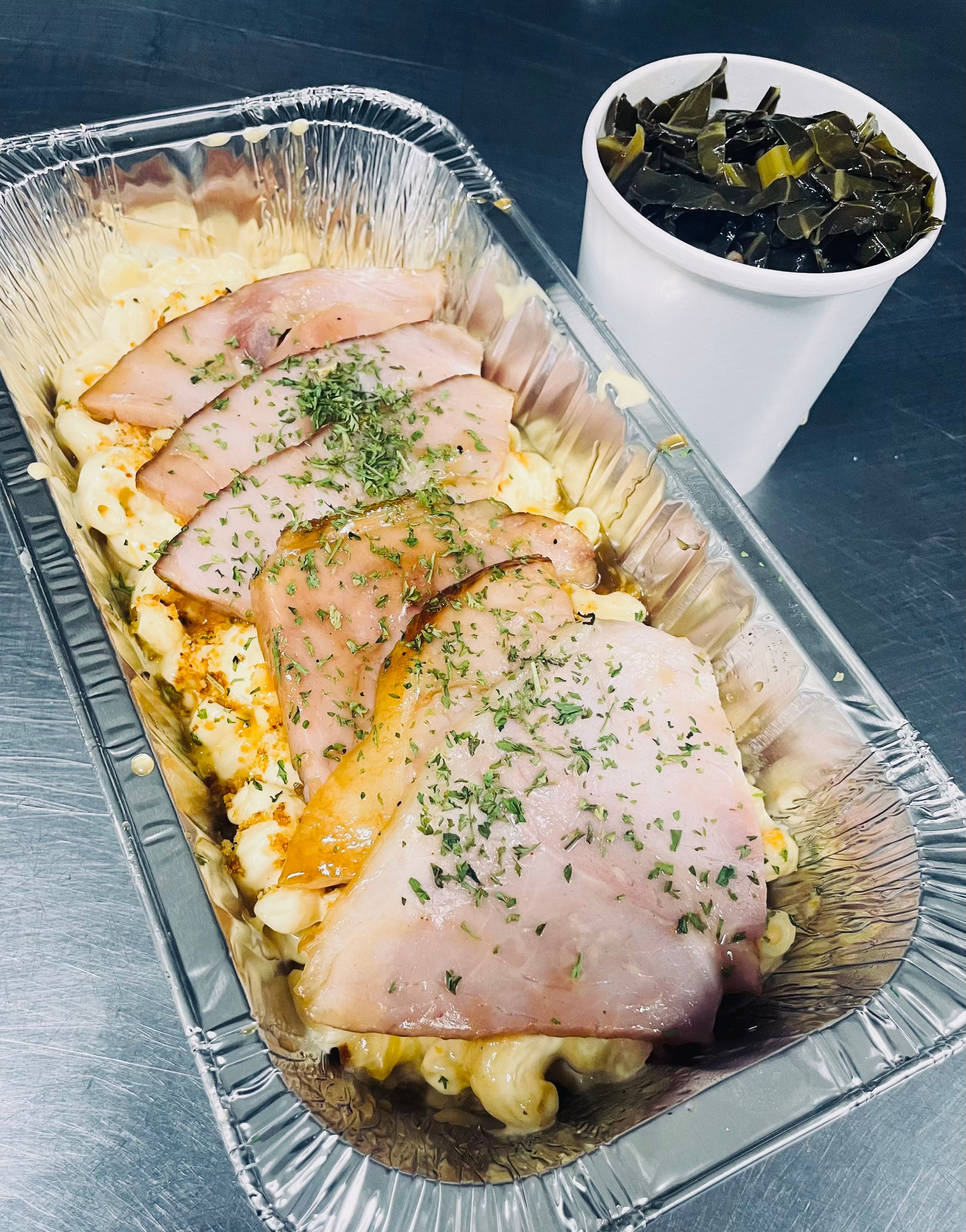 Pork, Mac and Cheese with Collards