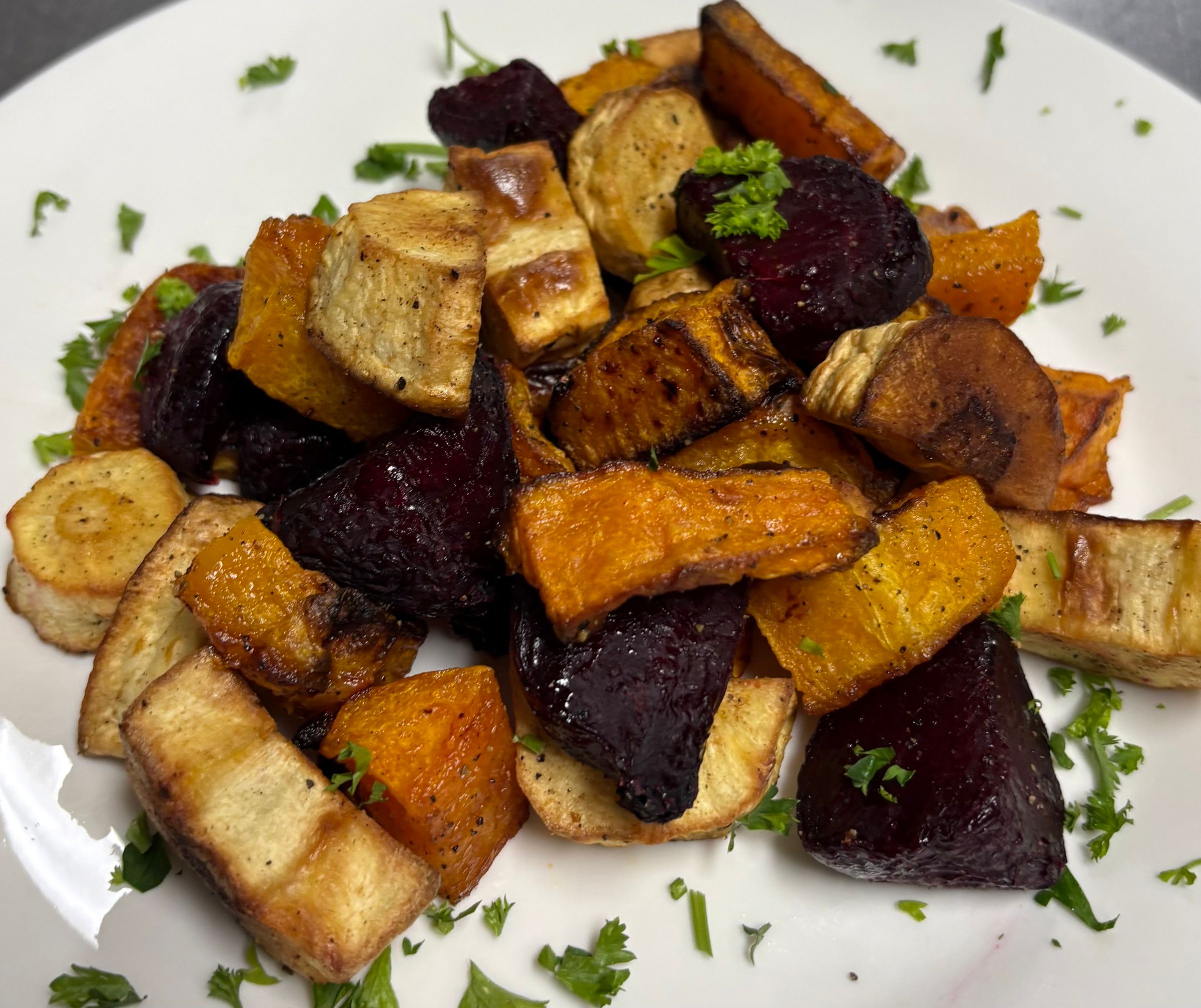 Root Vegetable Medley: Roasted Parsnips, Butternut Squash, Sweet Potato, Beets