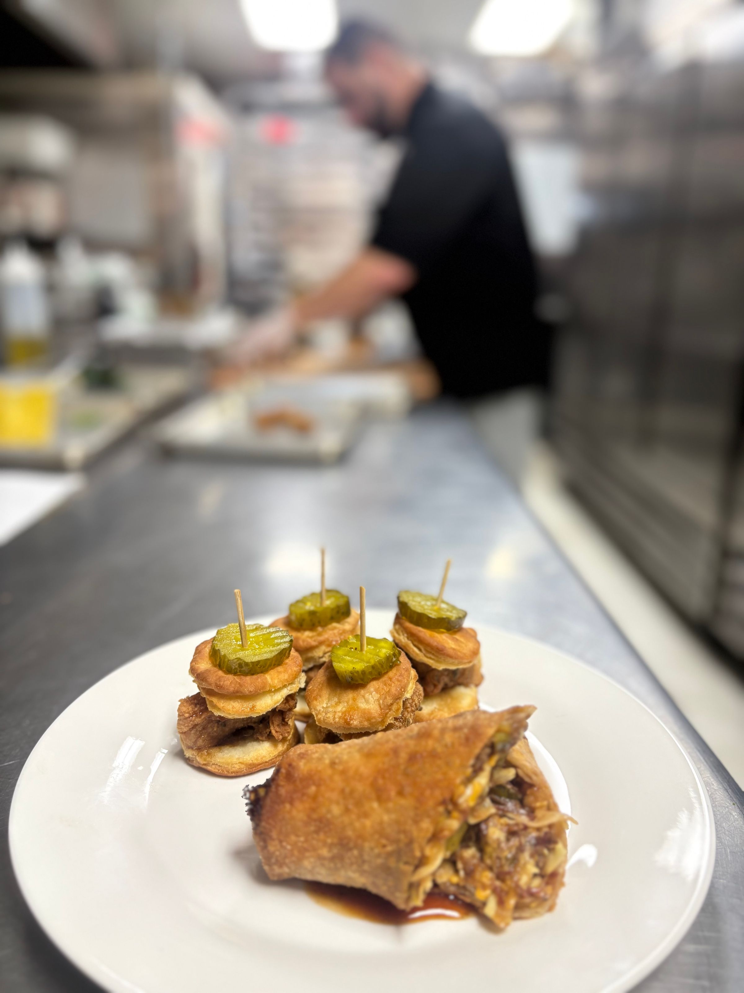 Brisket Egg Rolls & Mini Hot Honey Chicken Biscuits