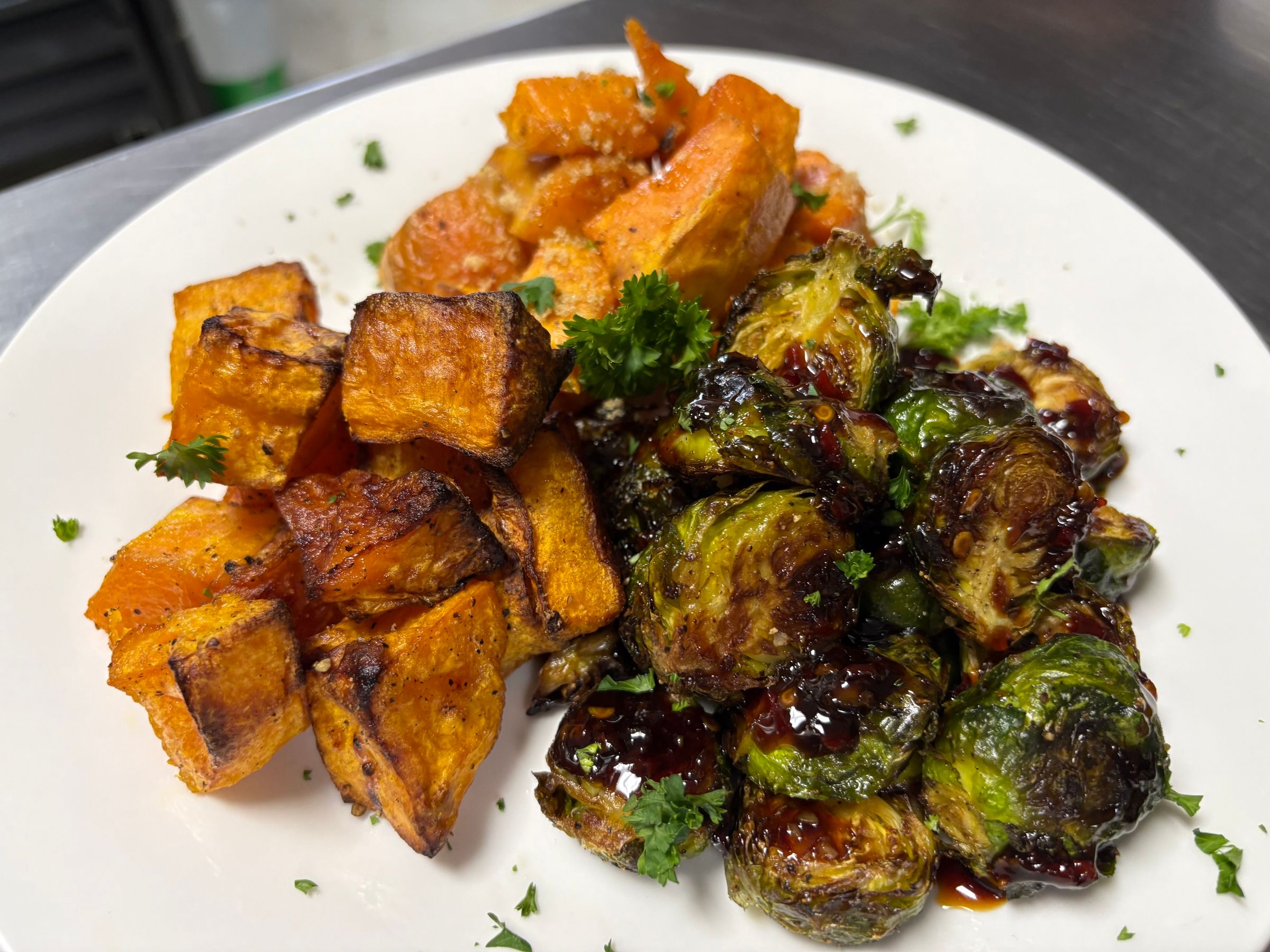Butternut Squash, Sweet Potato and Chili Balsamic Brussel Sprouts