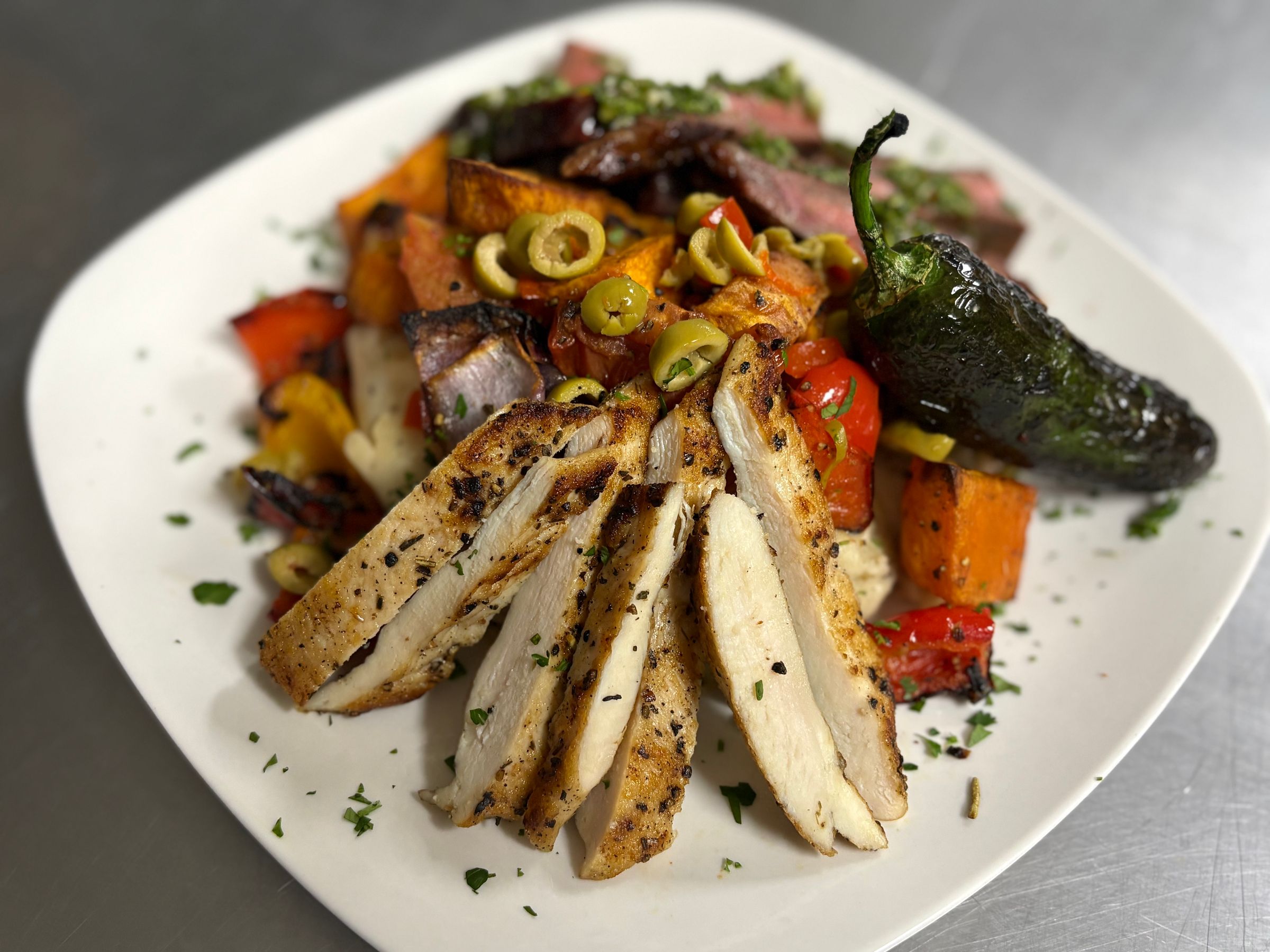 Marinated Grilled Chicken, with Brazilian Roast Vegetables