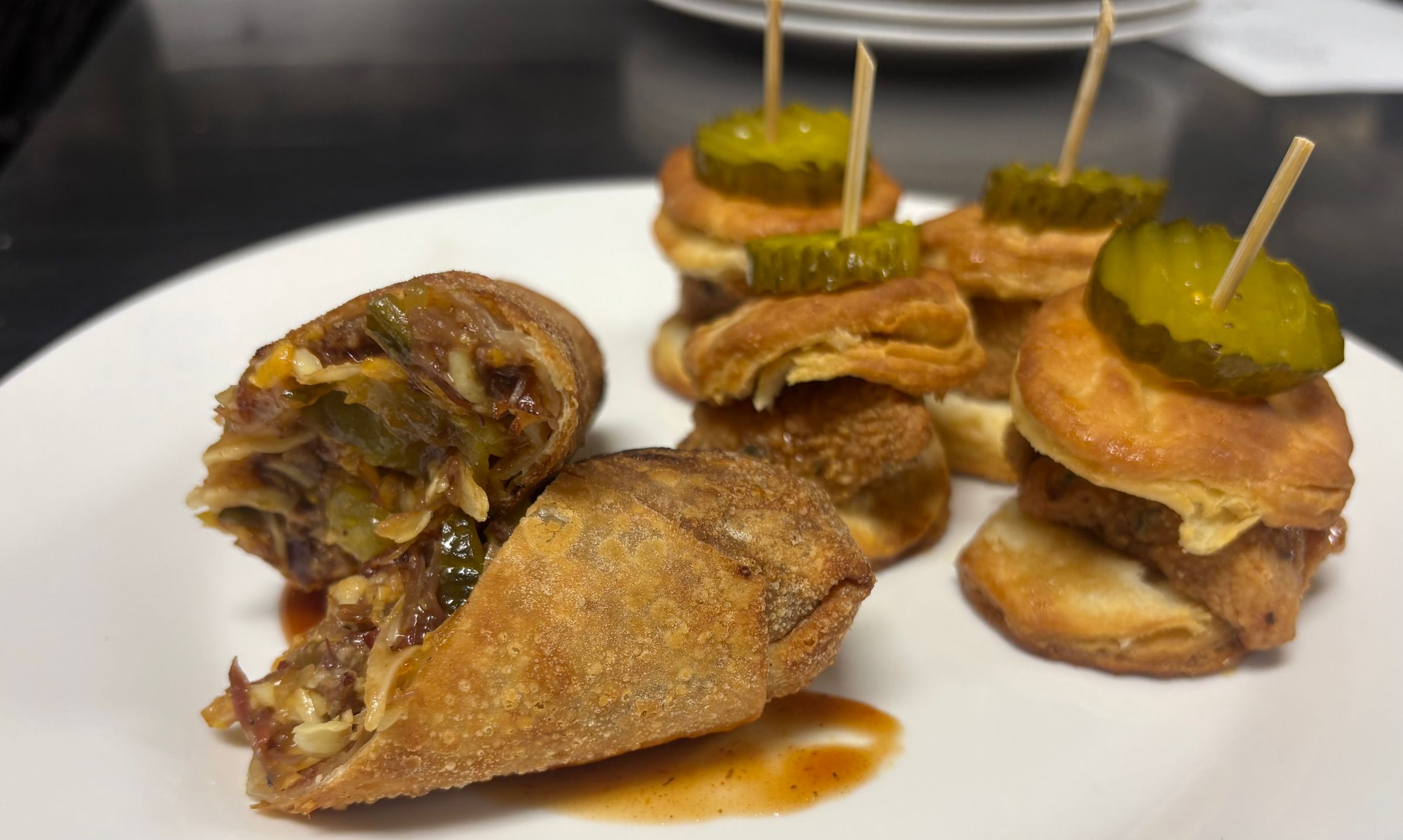 Brisket Egg Rolls & Mini Hot Honey Chicken Biscuits