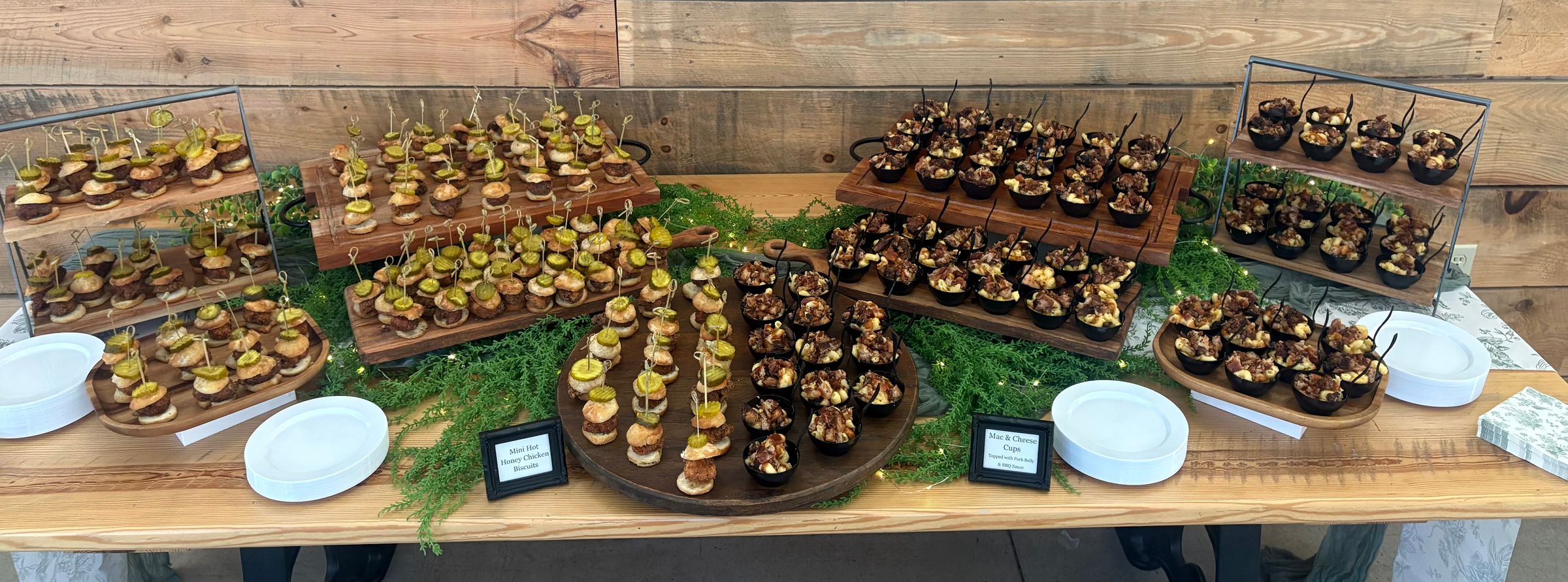 Mini Hot Honey Chicken Biscuits & Mac n Cheese Cups with Crispy Pork Belly and BBQ Drizzle