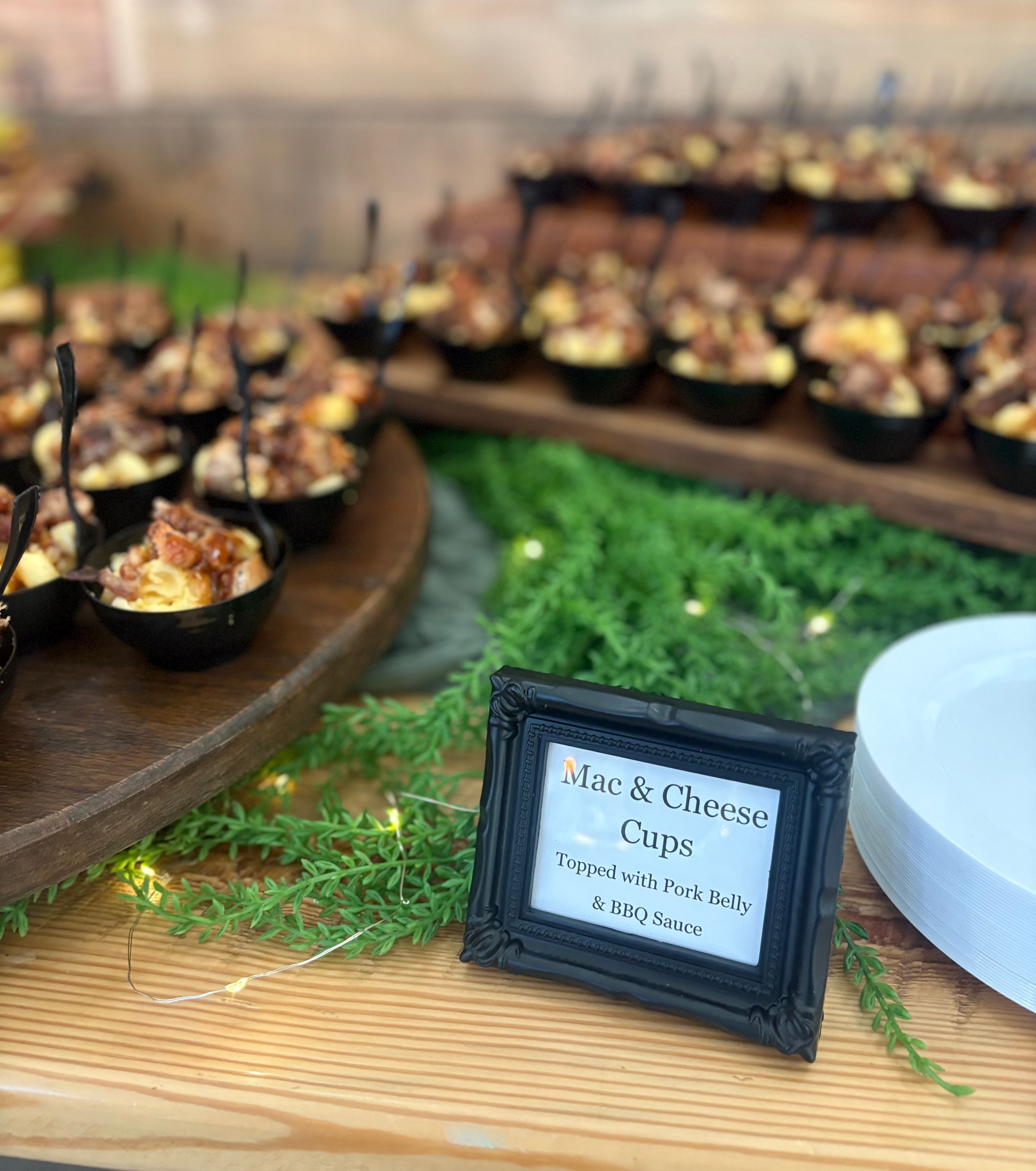 Mini Hot Honey Chicken Biscuits & Mac n Cheese Cups with Crispy Pork Belly and BBQ Drizzle