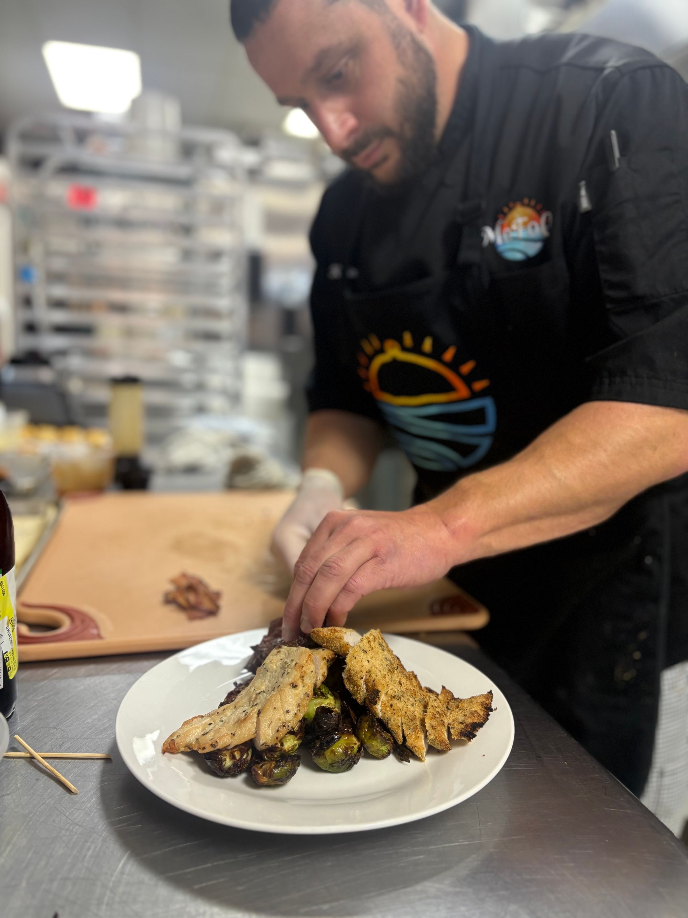 Parmesan Crusted Chicken, Gouda Bacon Chicken, Garlic & Herb Striploin, & Chili Balsamic Brussel Sprouts