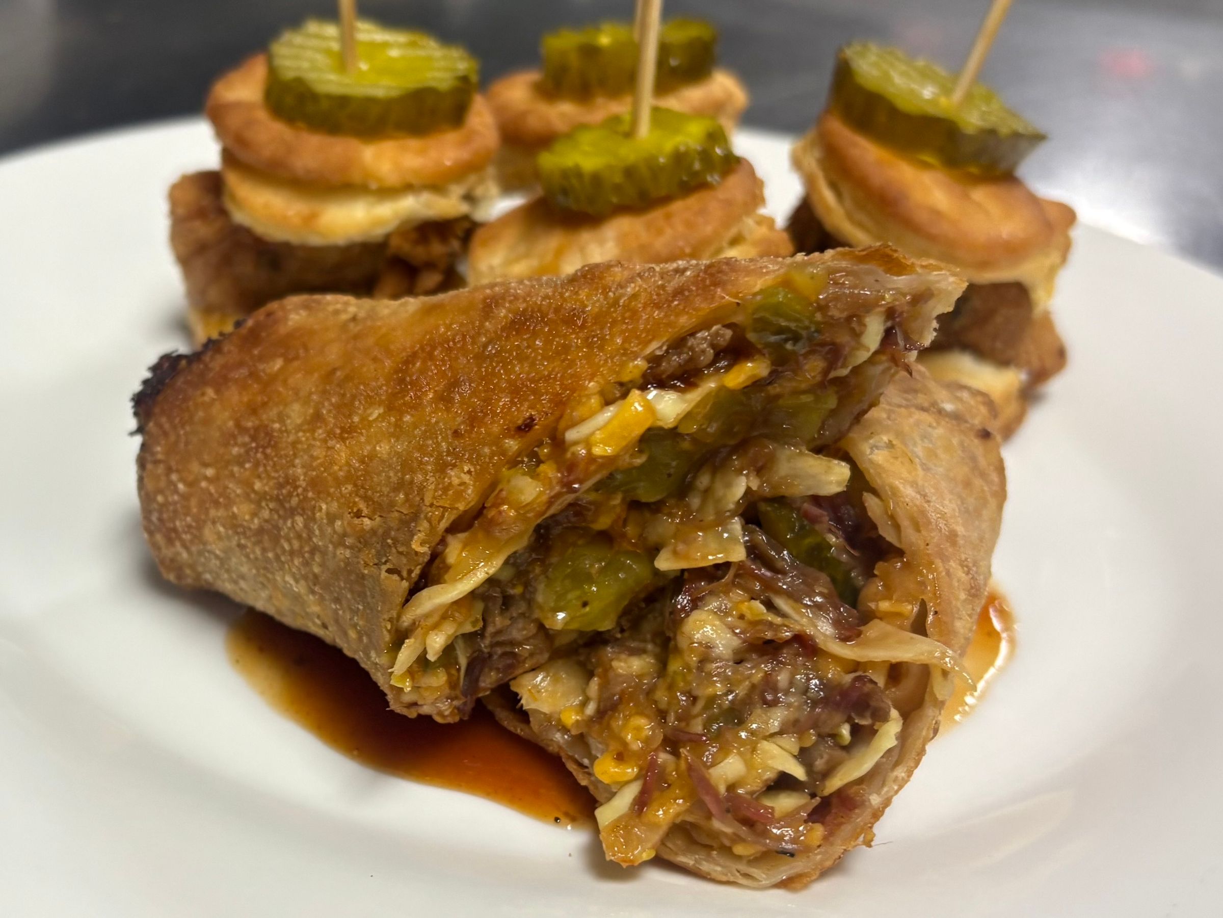 Brisket Egg Rolls & Mini Hot Honey Chicken Biscuits