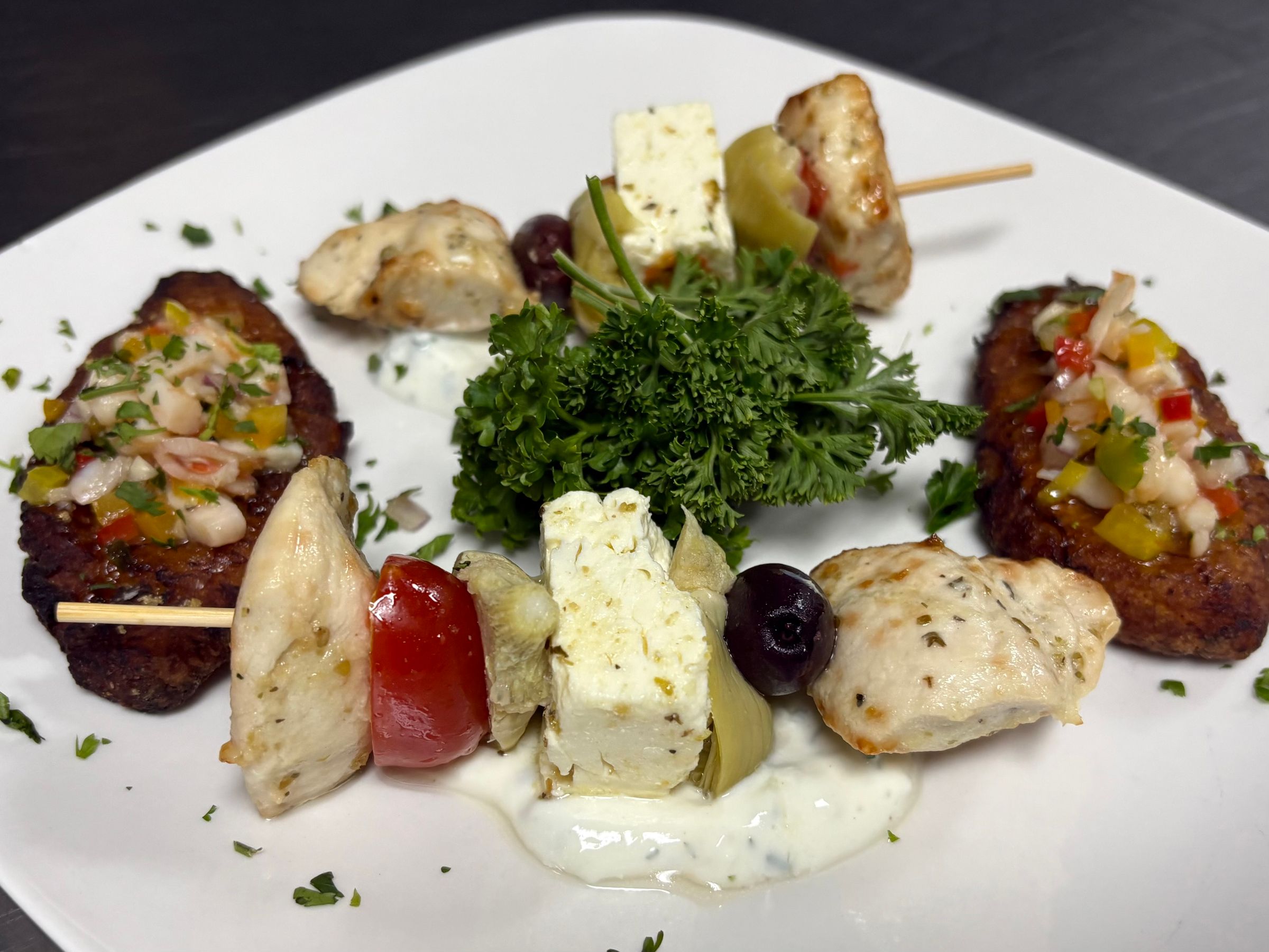 Mediterranean Chicken Skewers & Shrimp Ceviche on Plantains