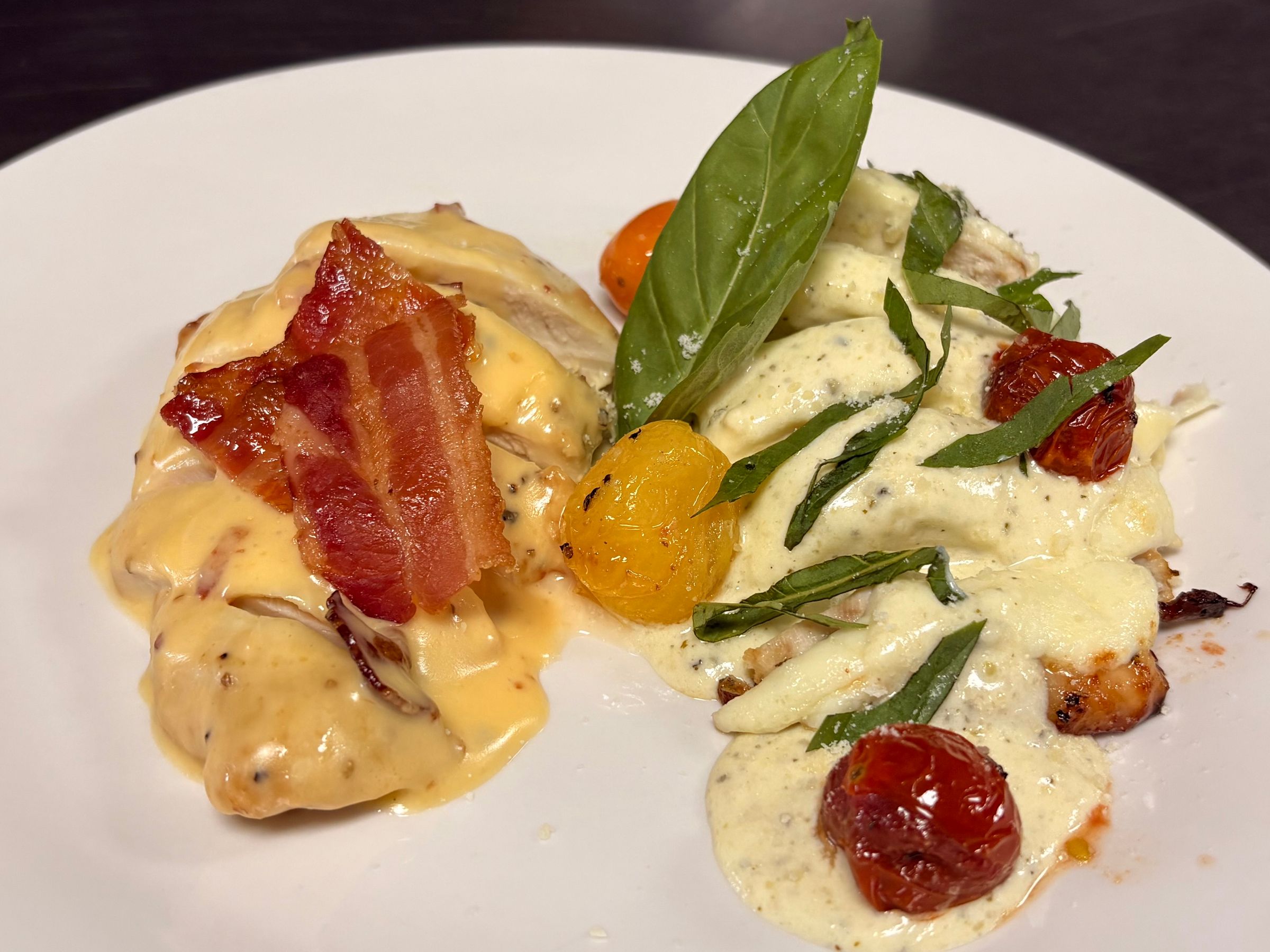 Smoked Bacon Gouda Chicken, Caprese Chicken with Pesto Cream