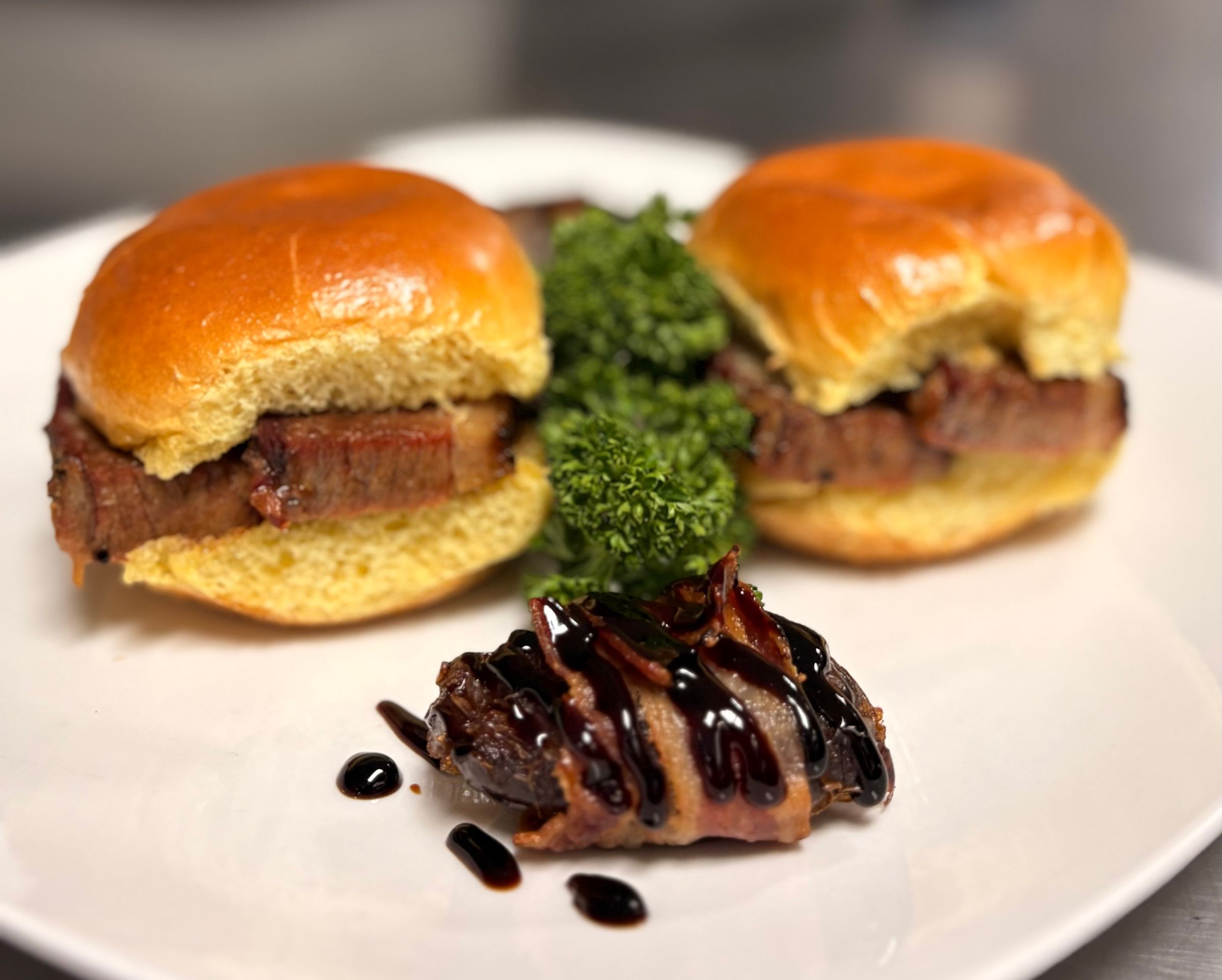 Garlic Butter Brisket Slider & Honey Goat Cheese Stuffed Date Wrapped in Bacon